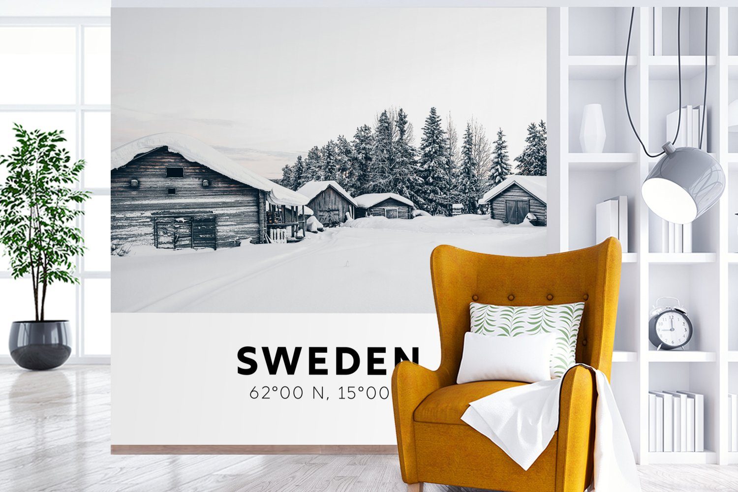 (5 oder Skandinavien Fototapete Schweden Winter, Wohnzimmer bedruckt, - Vinyl Tapete MuchoWow für St), Schnee Schlafzimmer, - Matt, - Wandtapete