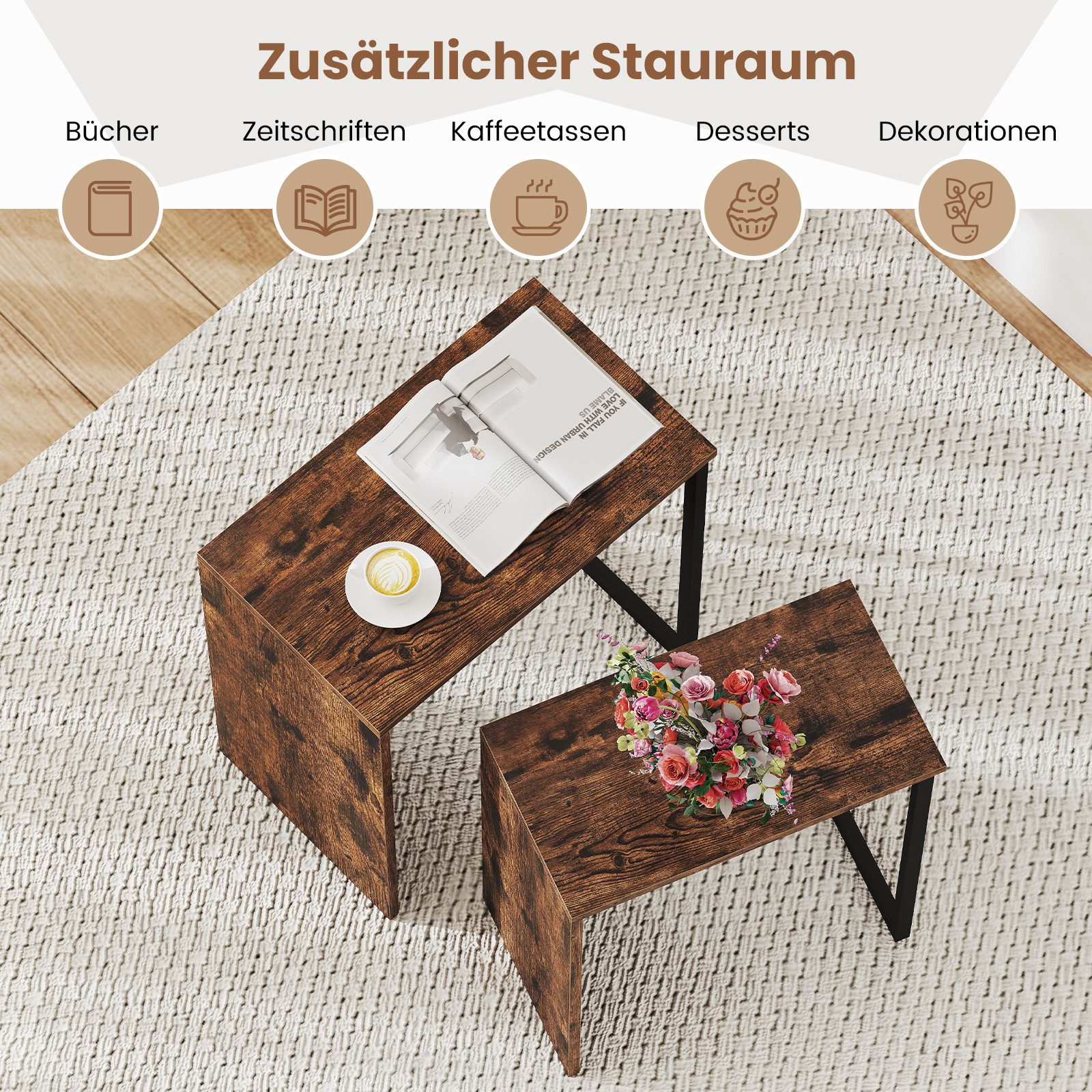 COSTWAY Beistelltisch (2er Set), 2-in-1 Satztisch Set stapelbar, Holz