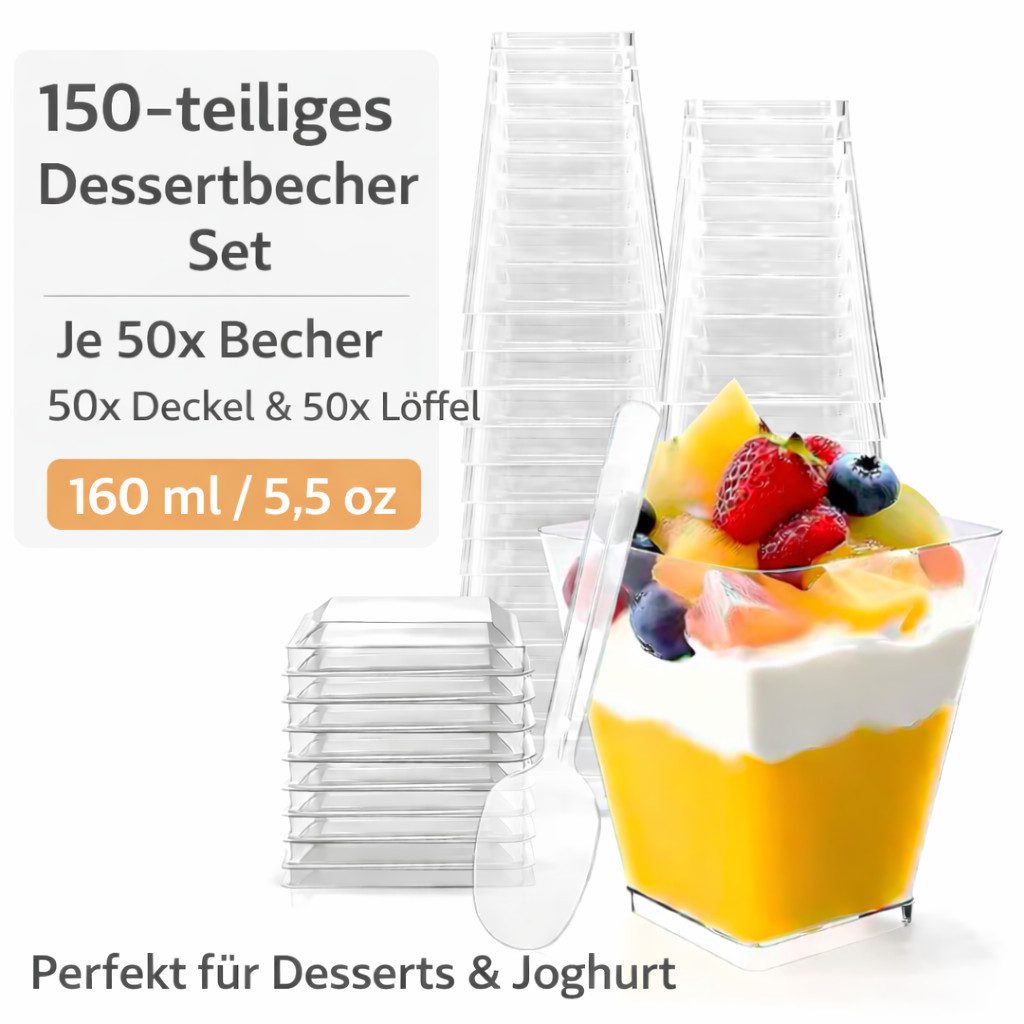 ILOKEN Dessertschale Dessertbecher Set 160ml – 150-tlg je 50 Becher, 50 Deckel & 50 Löffel, Komplettset für Desserts für Veranstaltungen