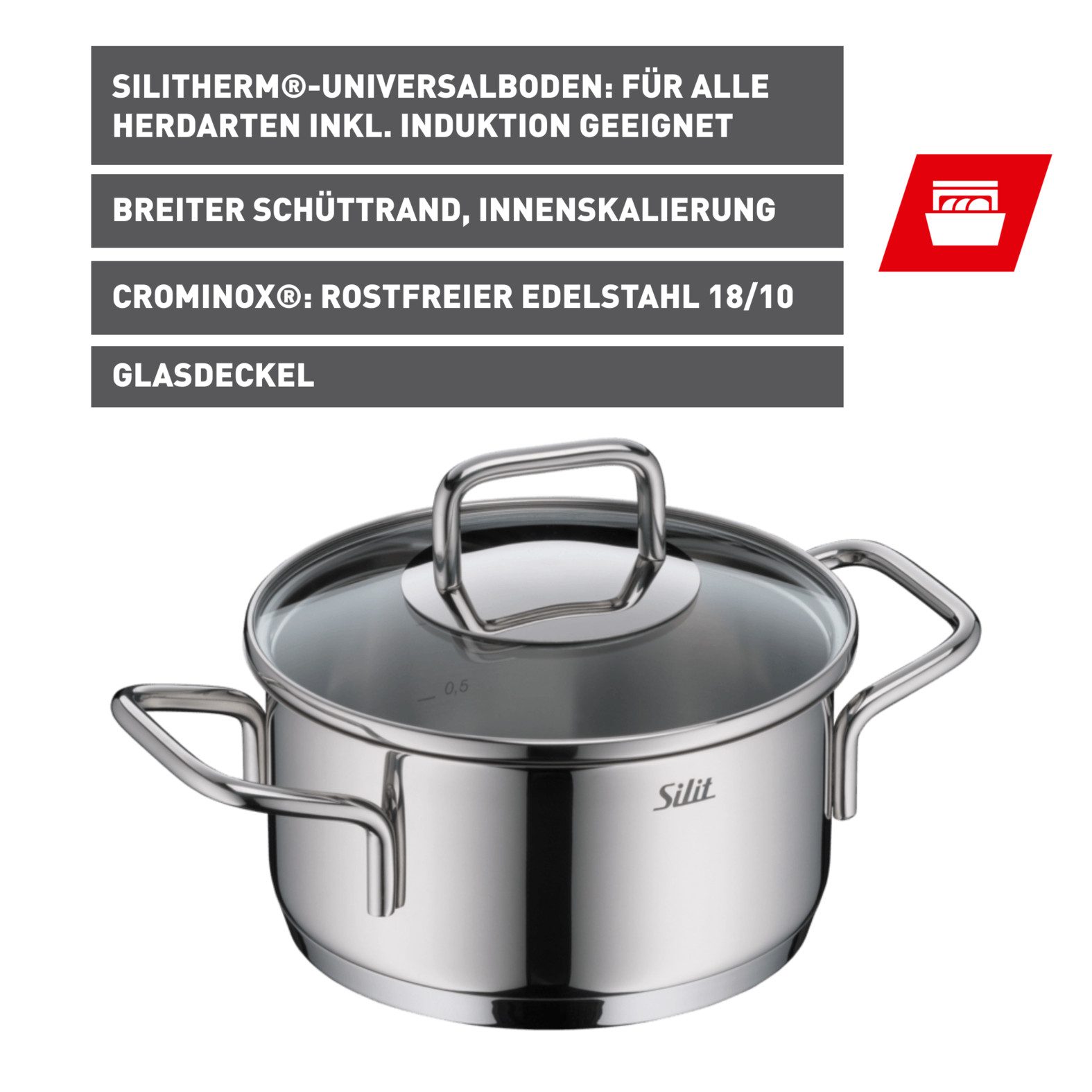 Silit Bratentopf Extra Cook, mit Glasdeckel, Edelstahl 18/10 (2-tlg), SiliTherm Universalboden, induktionsgeeignet, spülmaschinengeeignet