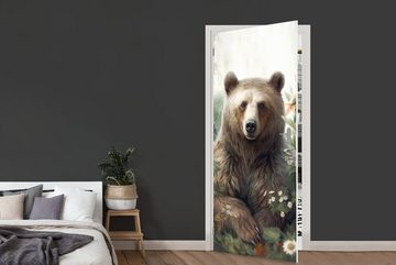 MuchoWow Türtapete Braunbär - Wildtiere - Blumen - Pflanzen, Matt, bedruckt, (1 St), Fototapete für Tür, Türaufkleber, 75x205 cm