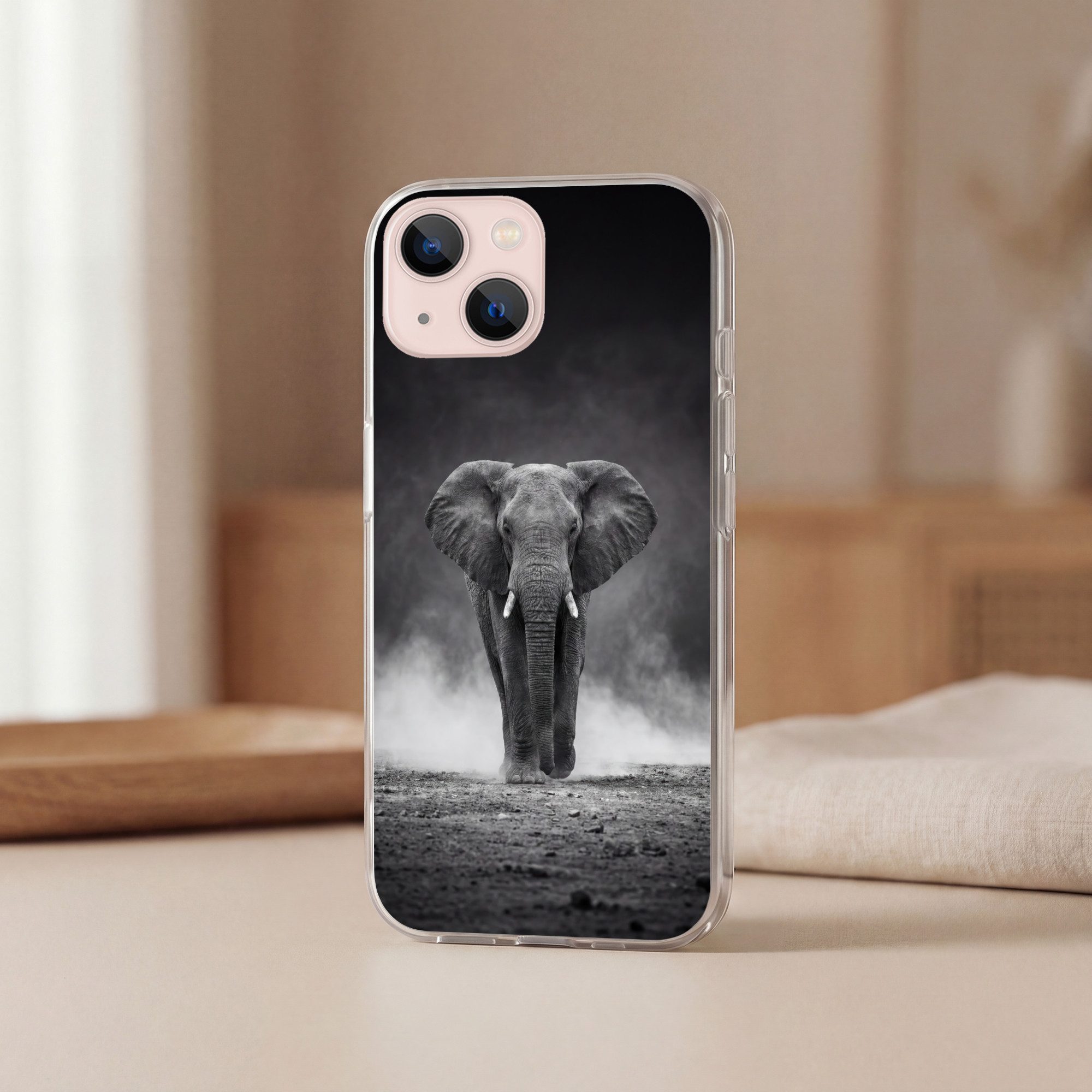 MuchoWow Handyhülle für Apple iPhone 13 mini Elefant - Schwarz - Weiß - Rauch, Smartphone-Bumper, Print, Handy Schutzhülle Dünn