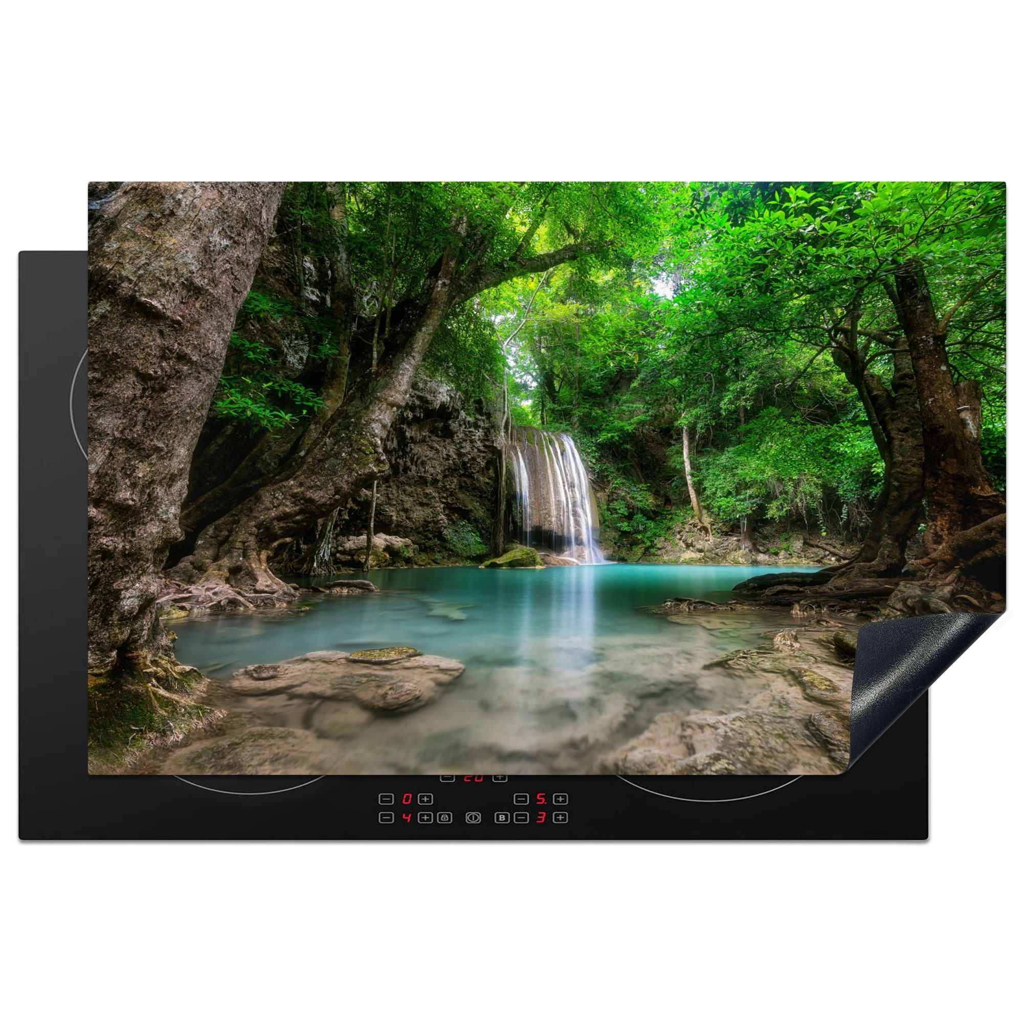 MuchoWow Herd-Abdeckplatte Dschungel - Wasserfall - Pflanzen - Wasser - Natur, Vinyl, (1 tlg), Küche Herdabdeckplatte Ceranfeld Vinyl Einteilig, 80x52 cm