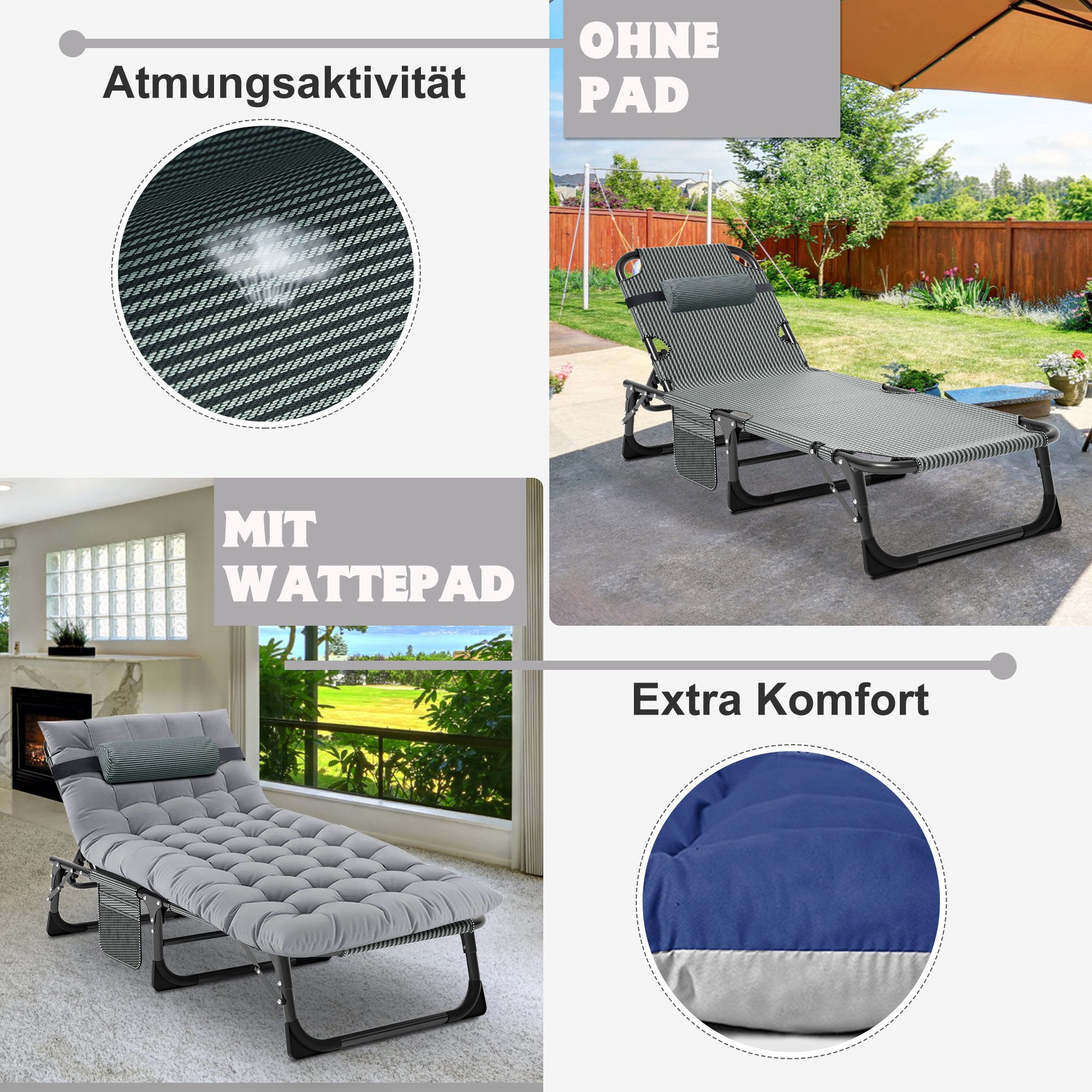 Meulbaty Klappbett Klappbar Sonnen Liege für Balkon/Garten, mit Auflage und Seitentasche (1-St) mit 5-stufiges Verstellmechanismus und 2.3-3cm Matratze
