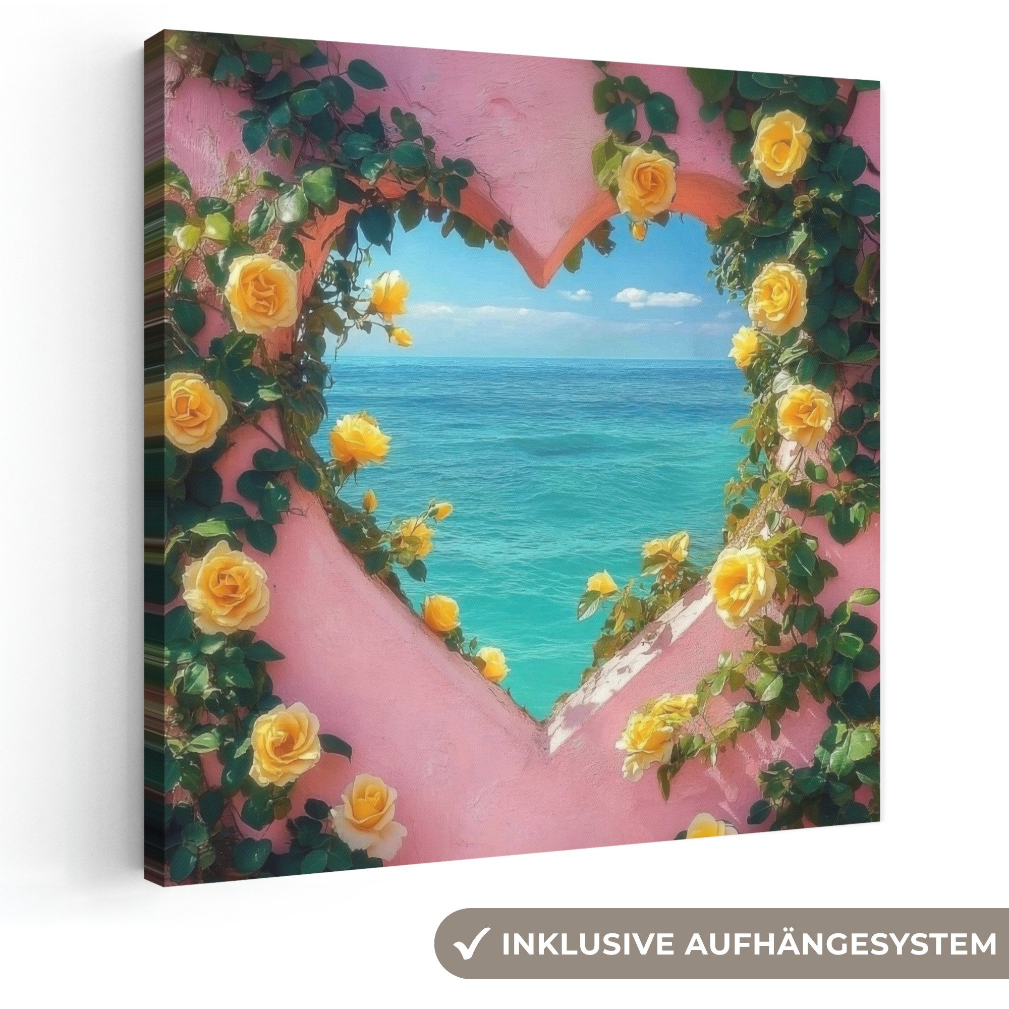 OneMillionCanvasses® Leinwandbild Herz - Meer - Wand, Fotodruck (1 St), Wandbild, Deko Schlafzimmer Wohnzimmer Flur 20x20 cm