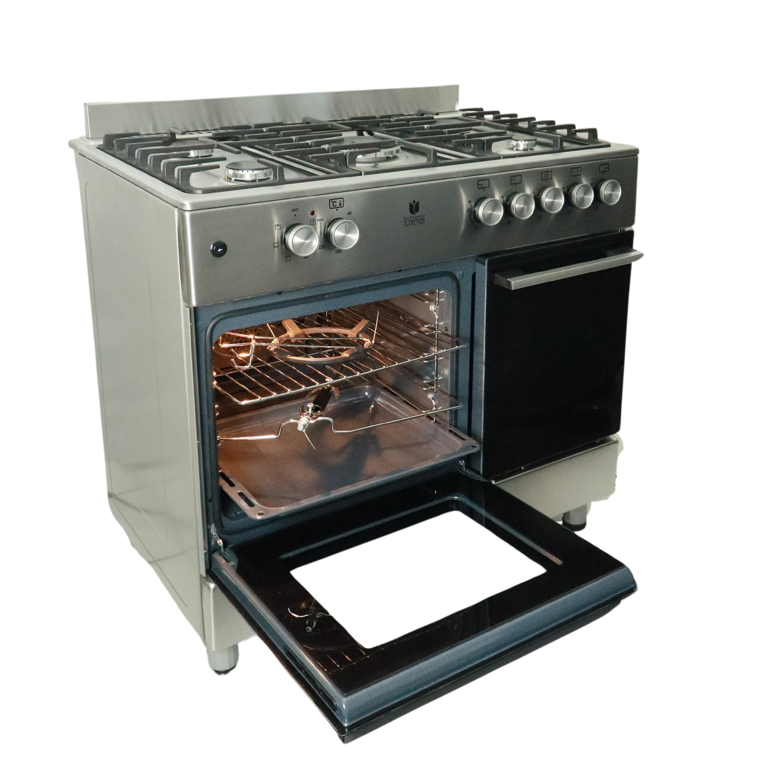 Gasline Gas-Standherd mit Elektrobackofen und Flaschenschrank GAG90GOXFLE, mit 1-fach-Teleskopauszug, Edelstahl, Vollzündsicherung, inkl. 50mbar Innenbereich Regler + Gasschlauch