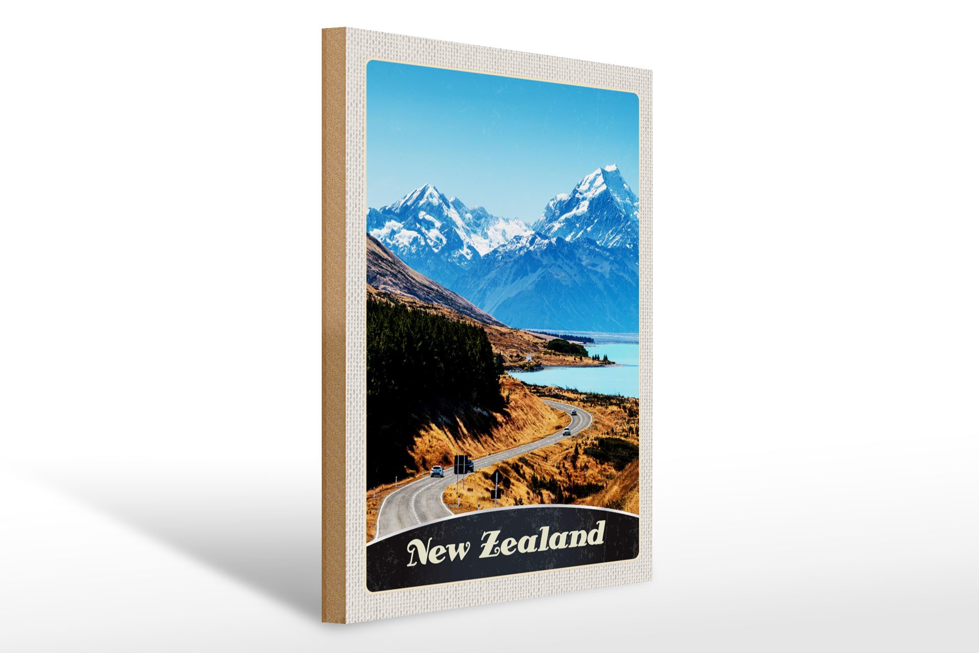 Holzbild Reise 30x40cm Neuseeland Europa Stadt Urlaub Gebirge