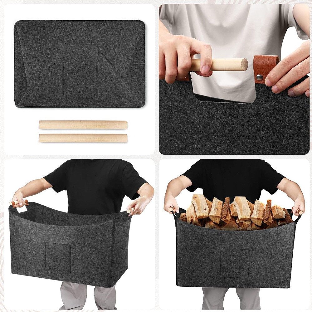 PFCTART Kaminholzkorb Filztasche groß & Holzkorb für Kaminholz – Mit Holzgriffen, faltbar (Set, 1 St., 67L oder 96L erhältlich – Ideal für Kaminholz & Haushalt, Grau), Holzkorb Aufbewahrung für Brennholz – 30 kg belastbar