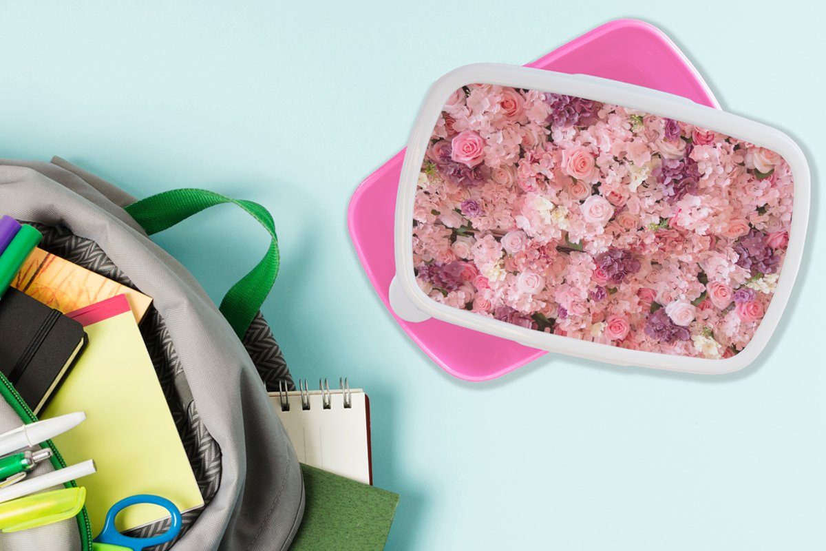 MuchoWow Lunchbox Blumen - Rosa Mädchen, Kinder, Snackbox, Erwachsene, (2-tlg), Kunststoff, Kunststoff - für Brotdose Rosen, Brotbox