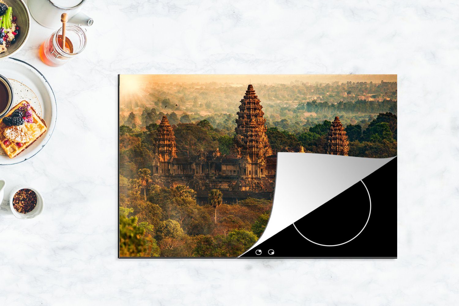 (1 Schutz Haupteingang für in Kambodscha, Vinyl, die Induktionskochfeld 81x52 tlg), des Angkor Wat-Komplexes MuchoWow Herdblende-/Abdeckplatte Ceranfeldabdeckung cm, küche,