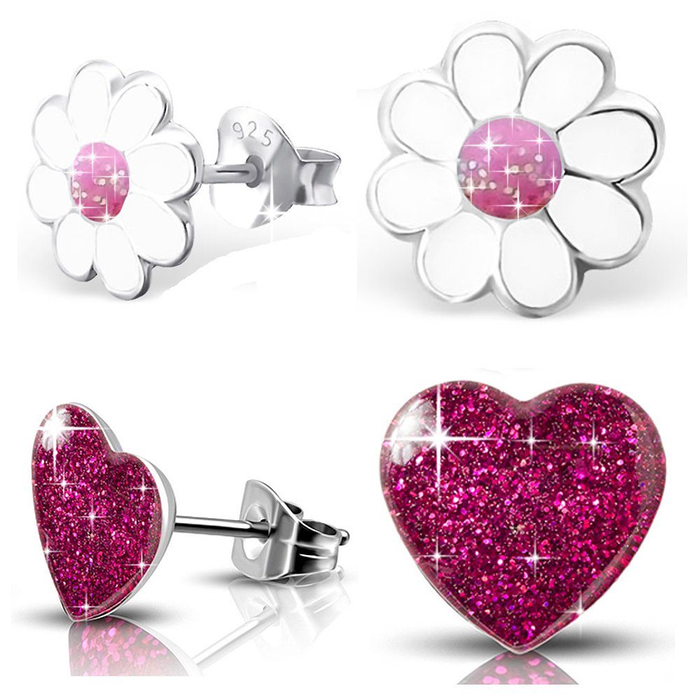 Limana Paar Ohrstecker Set Ohrringe echt 925 Sterling Silber Blumen Edelstahl Herz Kinder Mädchen, Herzohrringe Glitzer Pink Kinderschmuck