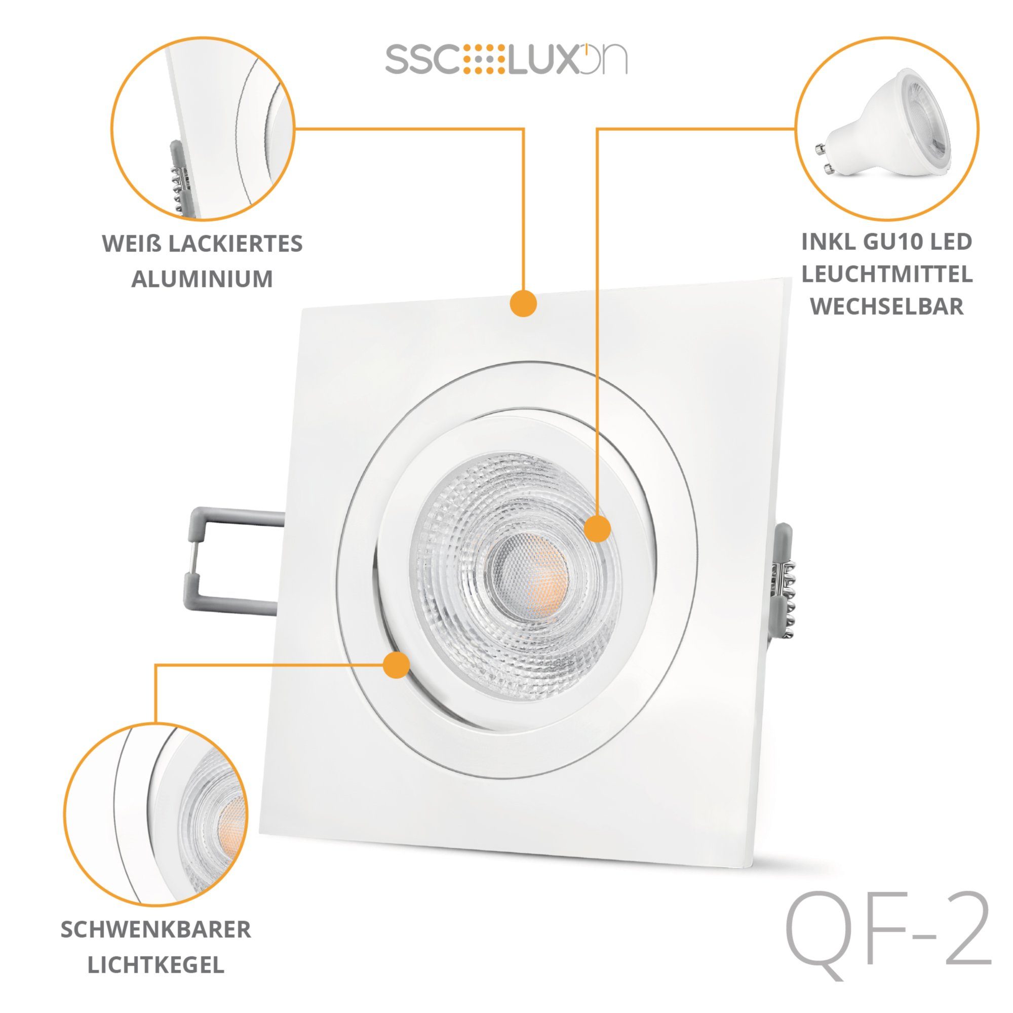 SSC-LUXon LED Einbaustrahler QF-2 LED Einbaustrahler schwenkbar LED, mit GU10 quadratisch weiss Warmweiß