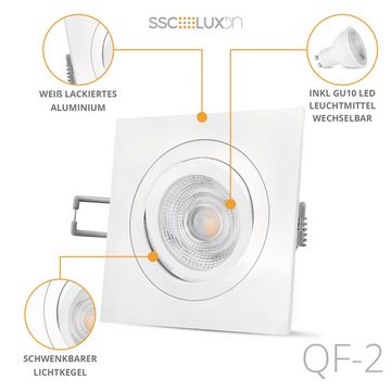 SSC-LUXon LED Einbaustrahler QF-2 LED Einbaustrahler weiss quadratisch schwenkbar mit GU10 LED, Warmweiß