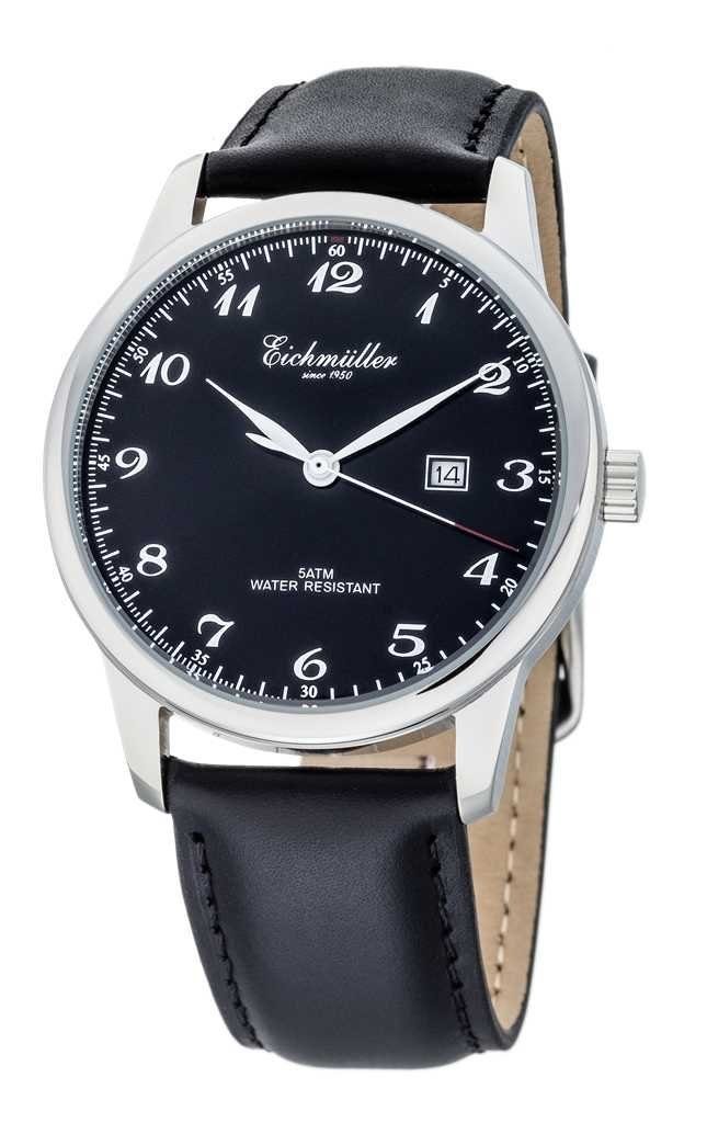 Eichmüller Quarzuhr Herrenuhr RE1059 Edelstahl schwarz Lederband 42 mm