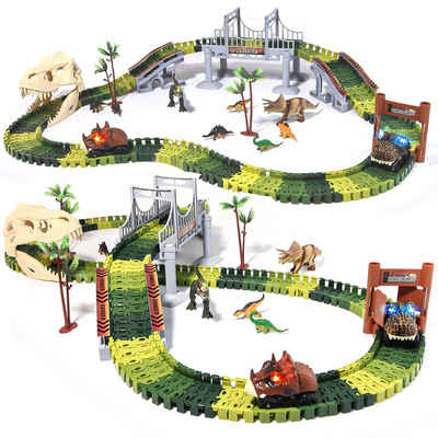 Esun Autorennbahn 189/289 Stück Rennstrecke Dinosaurier Spielzeuge Flexible Zugbahnen, (Set, 289-tlg), mit 2 dino auto, Geschenk Junge Mädchen 3 4 5 6 Jahre