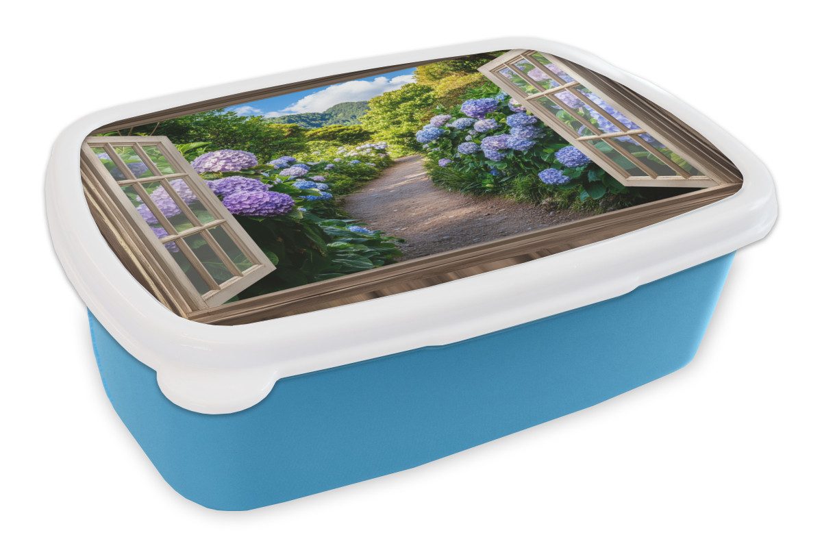MuchoWow Lunchbox Durchblick - Hortensie - Weg - Natur, Kunststoff, (2-tlg), Brotdose, Lunchbox, Brotbox für Kinder und Erwachsene
