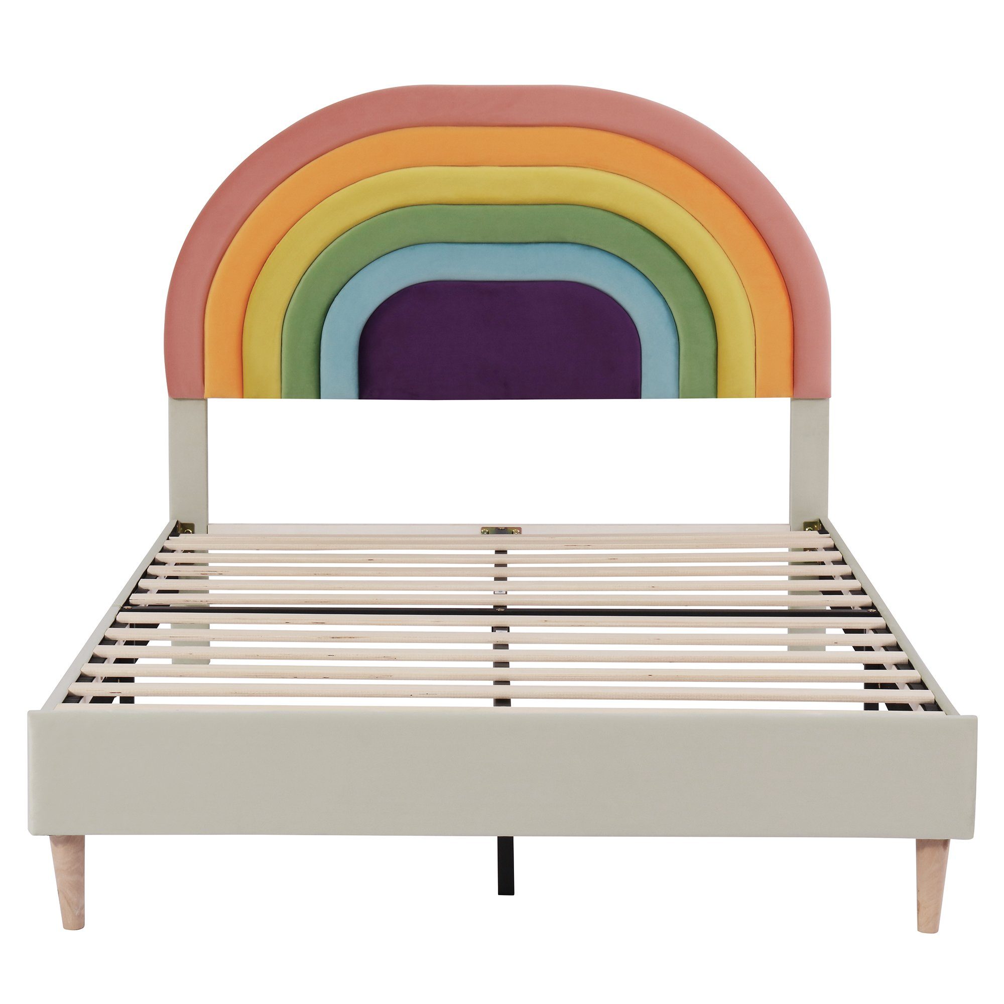 Flieks Polsterbett, Regenbogen-Kopfteil Samt 140x200cm verstellbarem mit Kinderbett beige