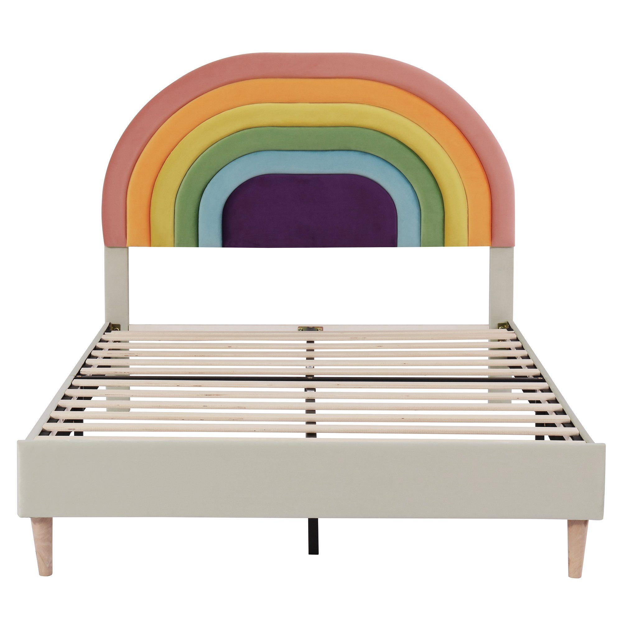 verstellbarem Samt Polsterbett, Flieks Kinderbett mit 140x200cm Regenbogen-Kopfteil beige