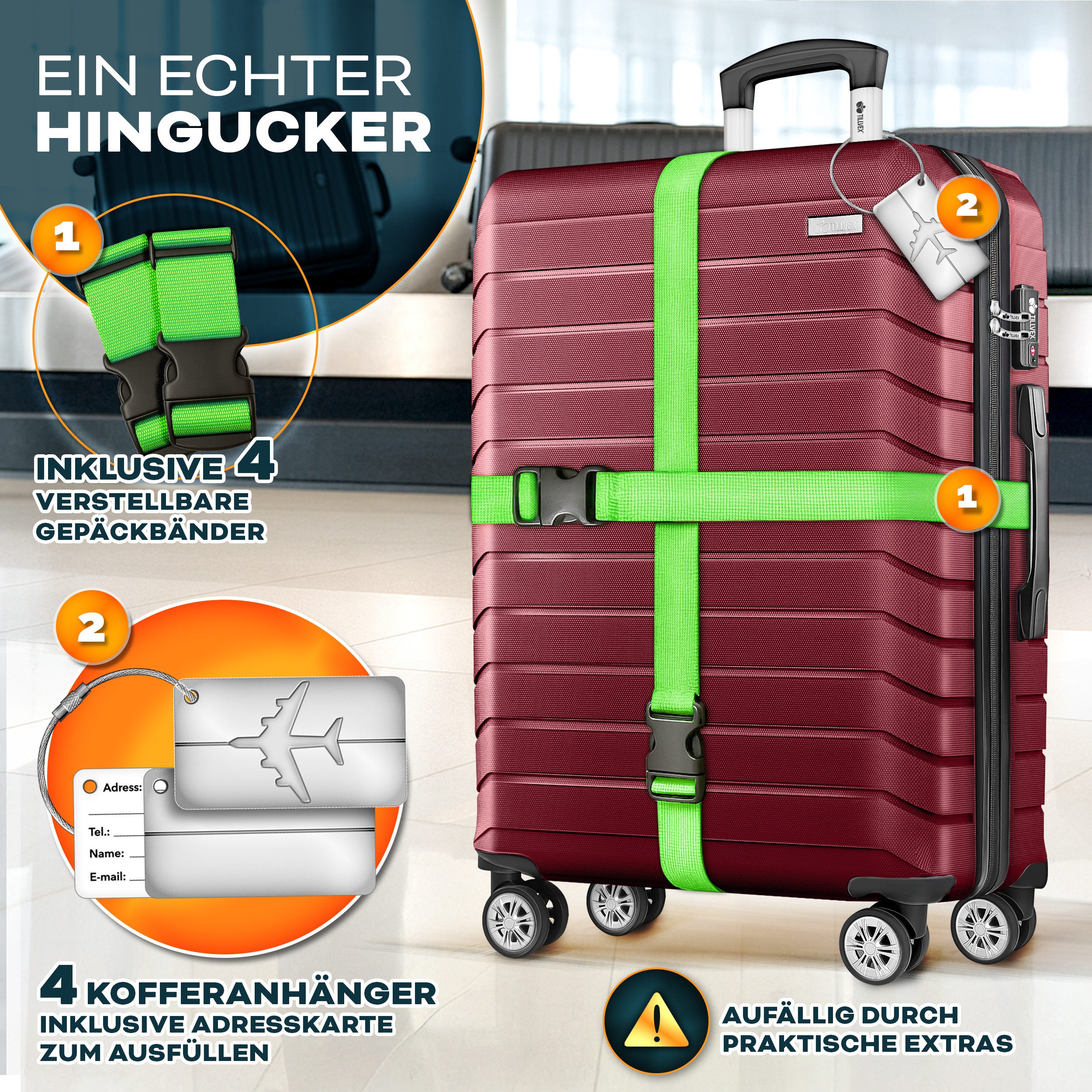 tillvex Trolleyset tillvex® Reisekoffer Set Koffer Hartschale Trolley Kofferset Tasche, (TSA Schloss Rollkoffer S-M-L-XL, 4 tlg., 4 Rollen Trolley Gepäck Koffer), Reisekoffer Set 4-TLG. + Gepäckwaage, 8X Gurte & 4X Anhänger Kofferset