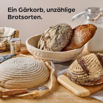 Praknu Gärkorb Für Brot Rund 30 cm 2kg - Gärkörbchen für Brotteig zum Brotbacken, Aus nachhaltigem Rattan - Geruchsneutral - Mit Backutensilien