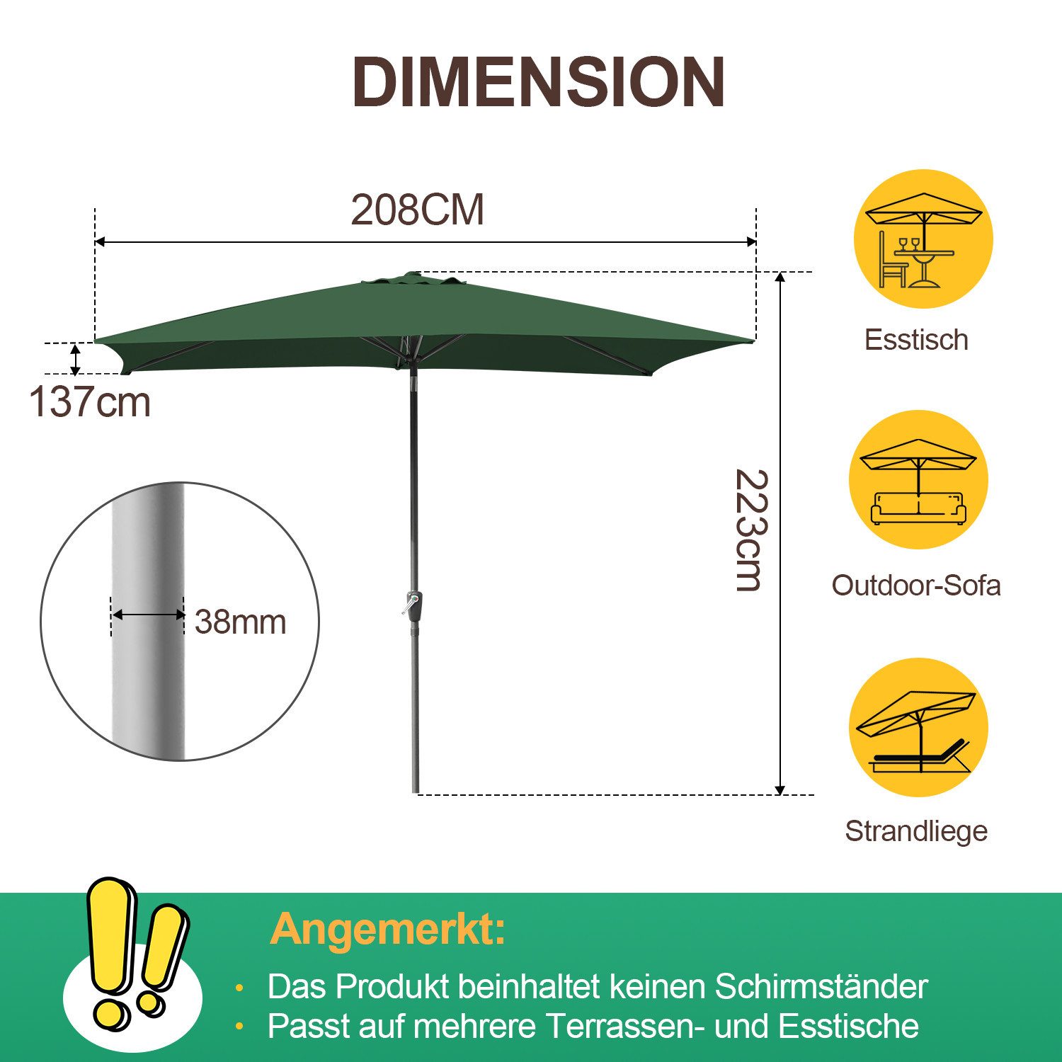 Clanmacy Sonnenschirm Rechteckig Balkonschirm 210x140 cm günstig online kaufen