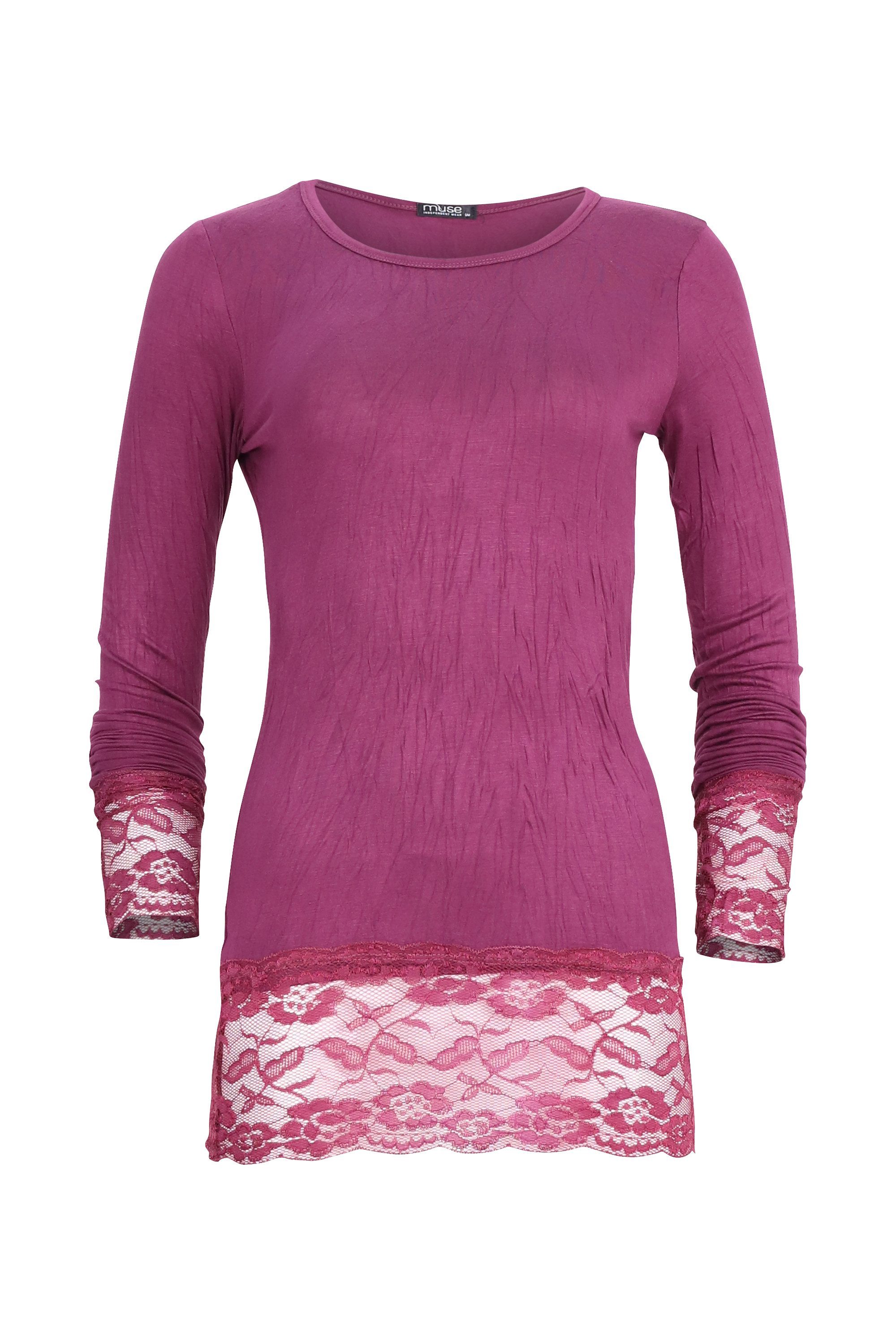 Rundhalsshirt Langarm Longshirt mit Spitzensaum 0998