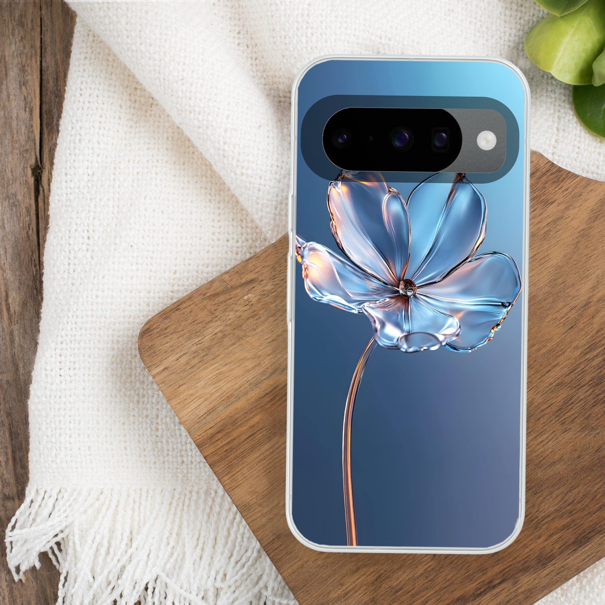 MuchoWow Handyhülle für Google Pixel 10 Pro Blau - Blume - Gläser - Verziert, Handy Case, Silikon, Bumper Case Dünn