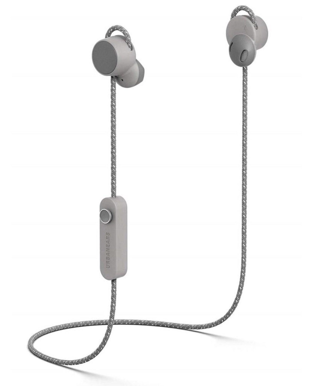 Urbanears Jakan Bluetooth In-Ear Headset Grau Headset (integriertes Mikrofon, Bluetooth, Anruffunktion 12 Stunden Akkulaufzeit Magnetische Ohrhörer Bedienknopf)