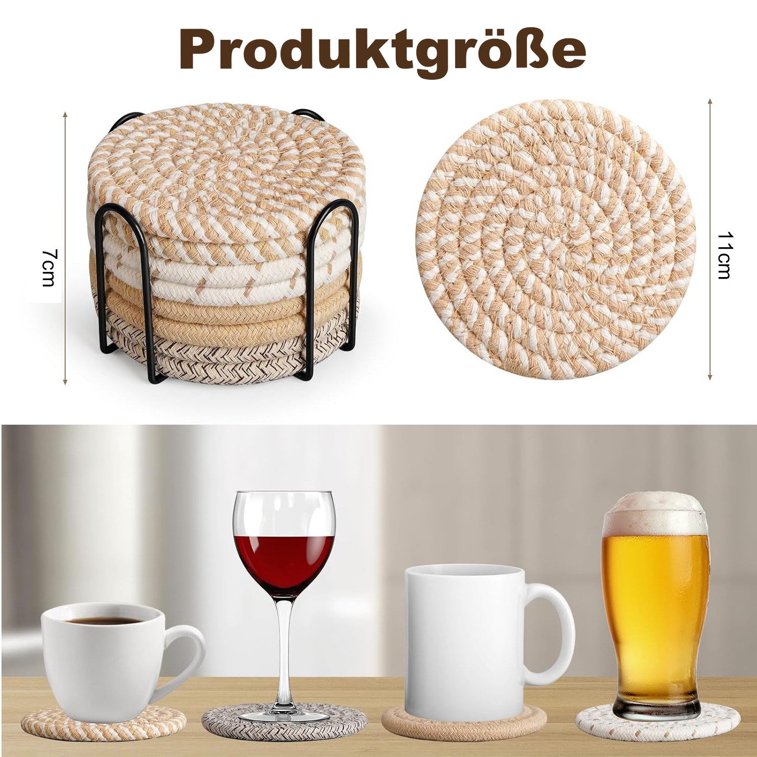 HEYHIPPO Becheruntersetzer Set geflochtene Baumwoll-Untersetzer mit Halter–rutschfest & saugfähig, Zubehör für Stellen Sie Getränke, Tassen und Gläser bereit, Set, Runde Glasuntersetzer 8er Set aus Baumwolle mit Halter –für Getränke