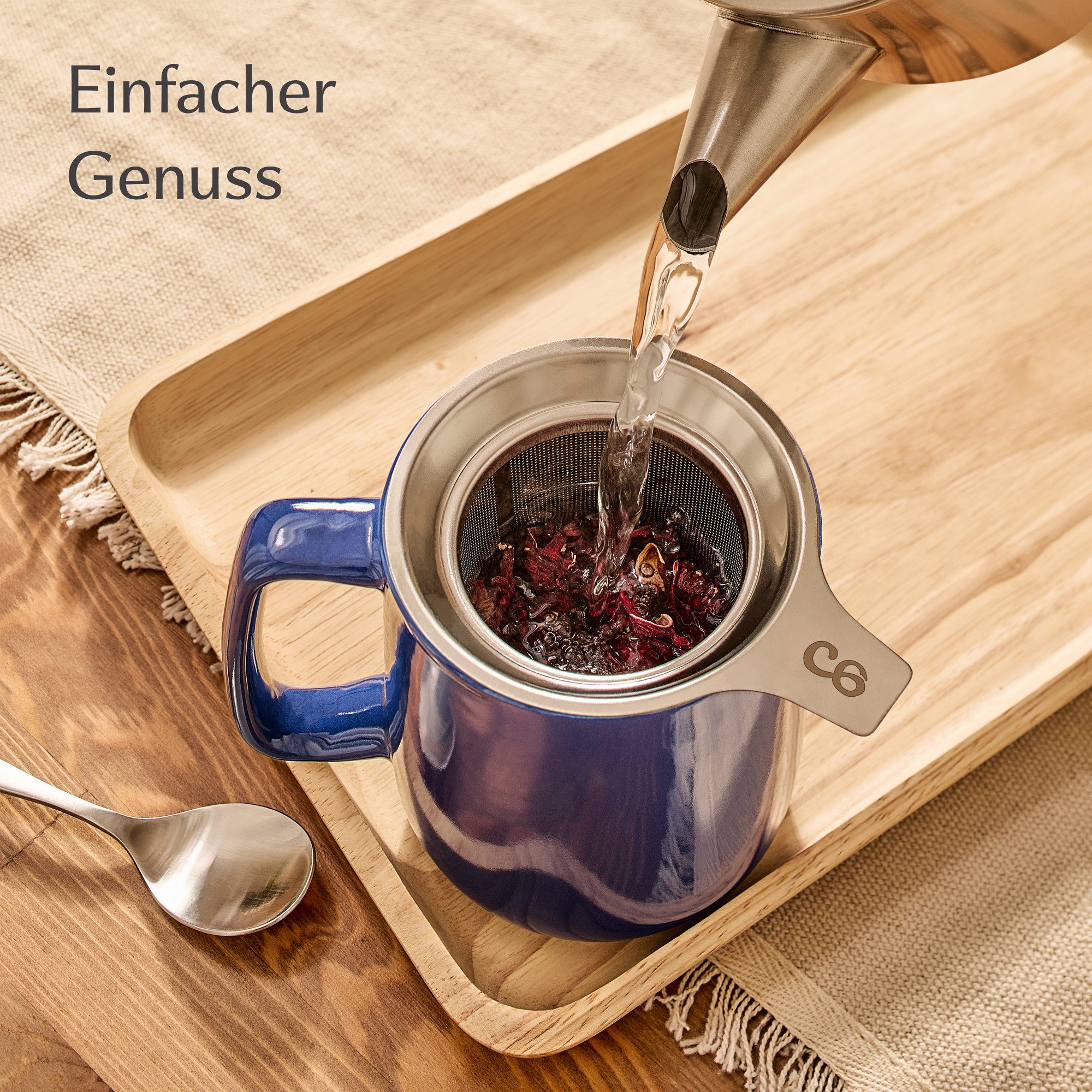 Cosumy Teeglas Teetasse mit Sieb und Deckel - Keramik Dunkelblau - Hält Lange warm, 1-tlg., Keramik, Hält Lange warm - 500 ml XXL Groß - Spülmaschinenfest