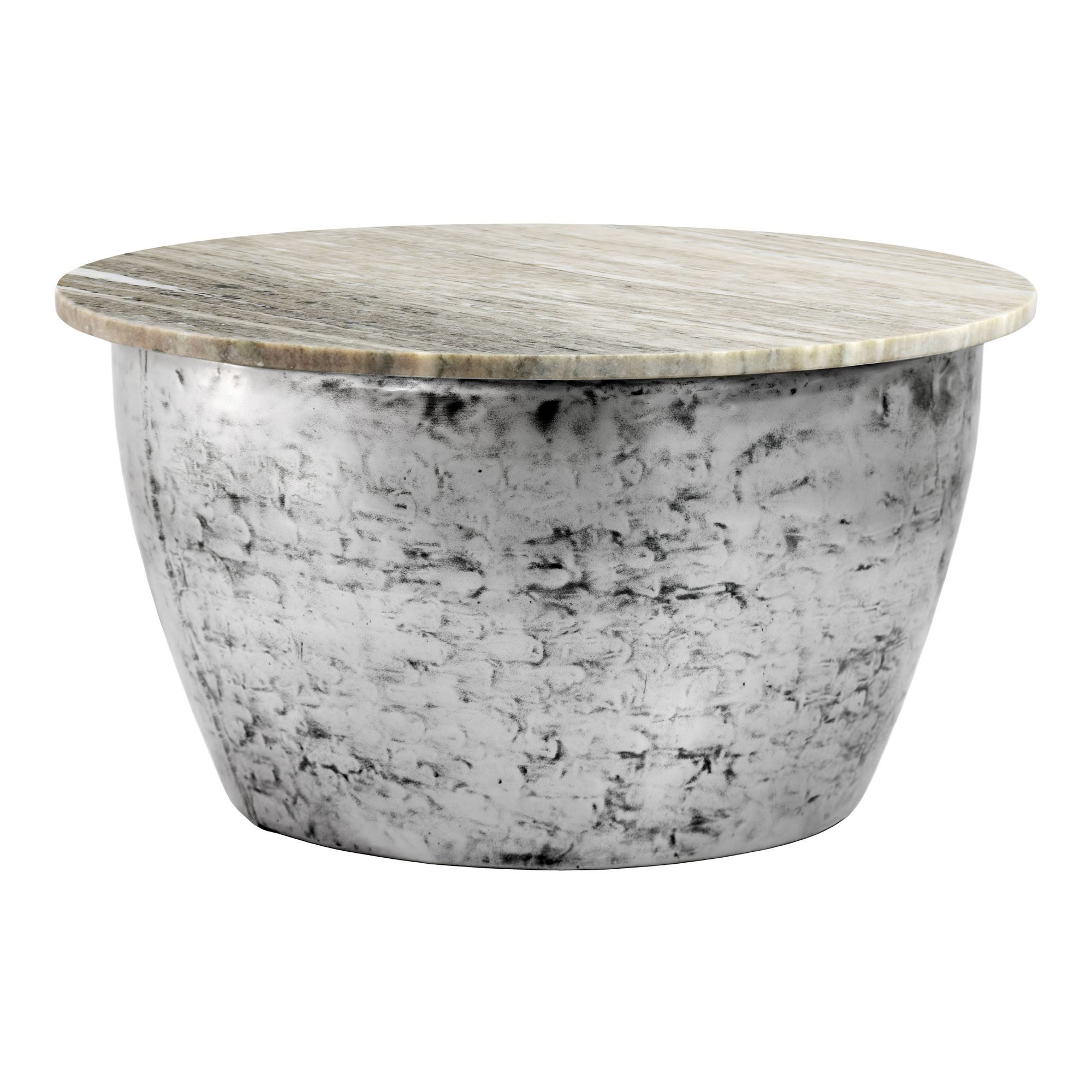 Wohnling Couchtisch WL7.375 Sofatisch Marmor Wohnzimmertisch 60cm rund Tisch Handmade (Extravaganter Tisch in moderner Trommelform), Weiße Marmorplatte auf massivem Eisen