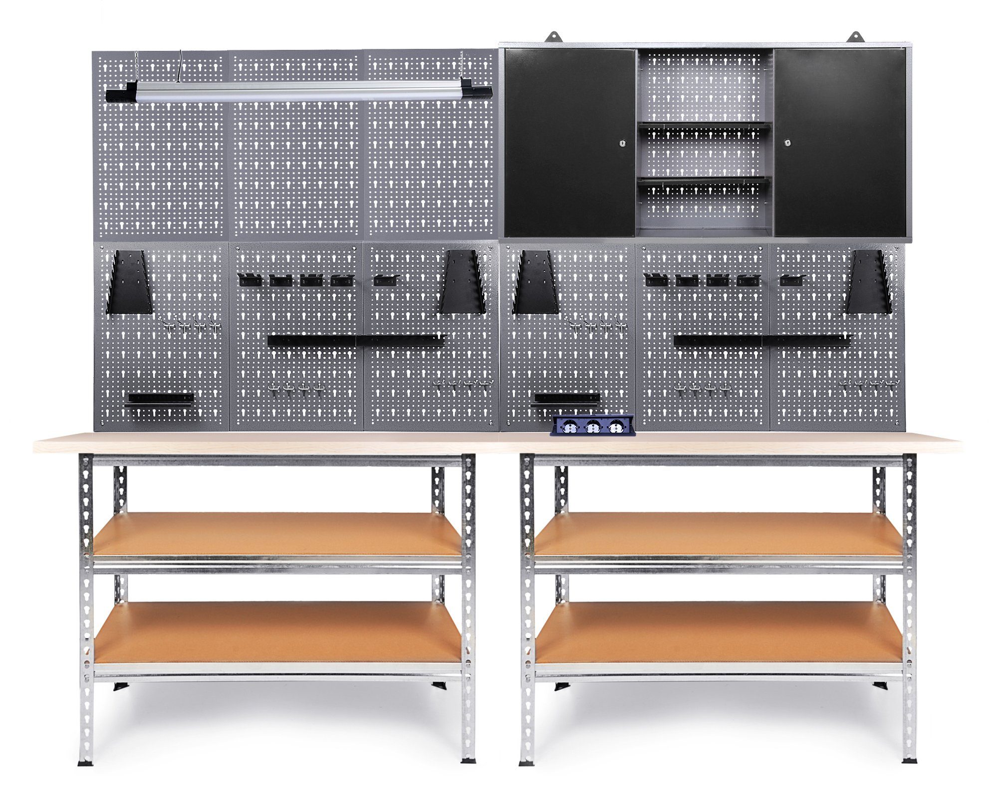 ONDIS24 Werkstatt-Set 240 cm Werkbank Uwe Arbeitshöhe 92 cm, 2,40 m x 2,12 m x 0,60 m, Bluetooth LED Lautsprecher schwarz