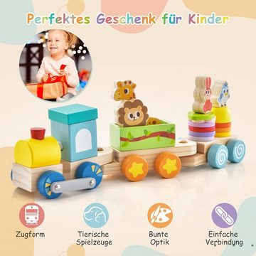 KOMFOTTEU Spielzeugeisenbahn-Set, mit Lokomotive, Tieren & stapelbaren Holzklötzen