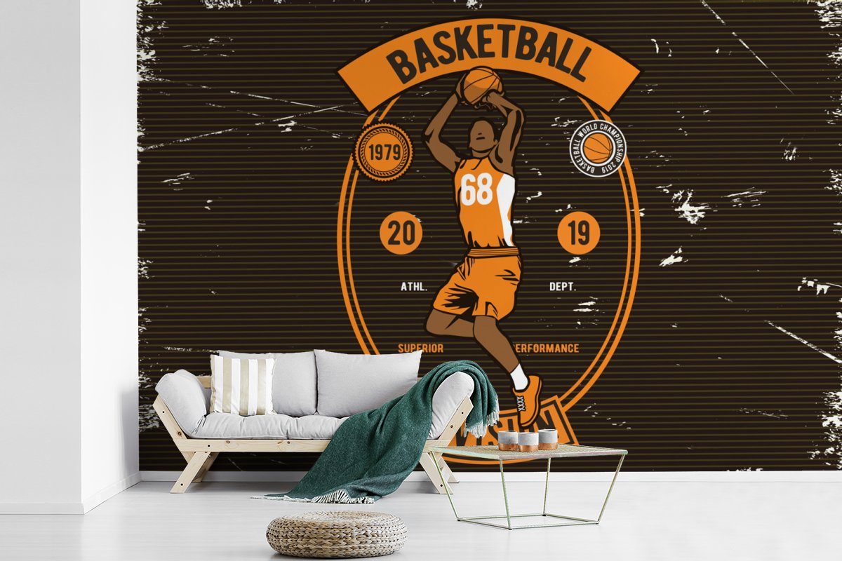 Wohnzimmer, Wallpaper Fototapete (6 Schwarz, Tapete Schlafzimmer, St), Retro - Matt, Kinderzimmer, Basketball - für Mancave - MuchoWow Orange - bedruckt, Vinyl