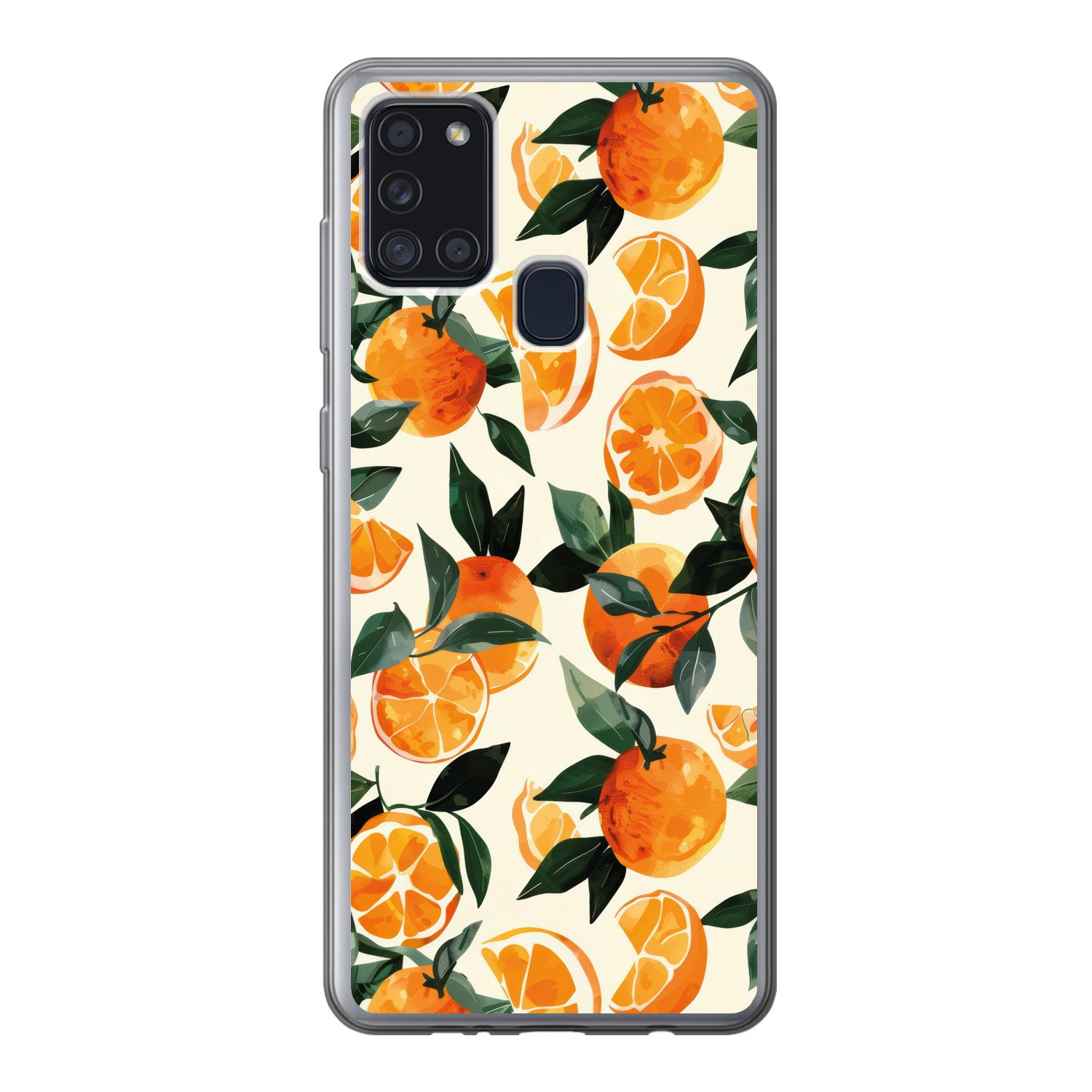 MuchoWow Handyhülle für Samsung Galaxy A21s Orangen - Früchte - Blätter - Orange - Grün -, Smartphone-Bumper, Print, Handy Schutzhülle Dünn