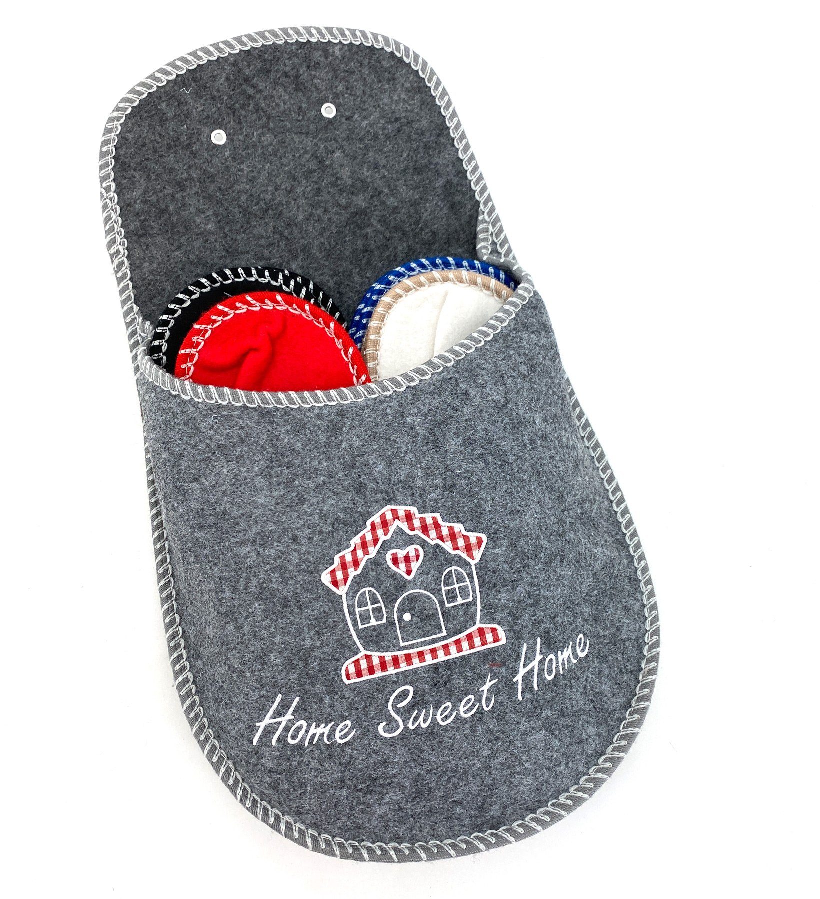 heimtexland Gästepantoffeln Filzpantoffeln Gäste Hausschuhe Hausschuh (Typ879, Home Sweet Home) mit Hängetasche zur Aufbewahrung - 4 Paar Einheitsgröße