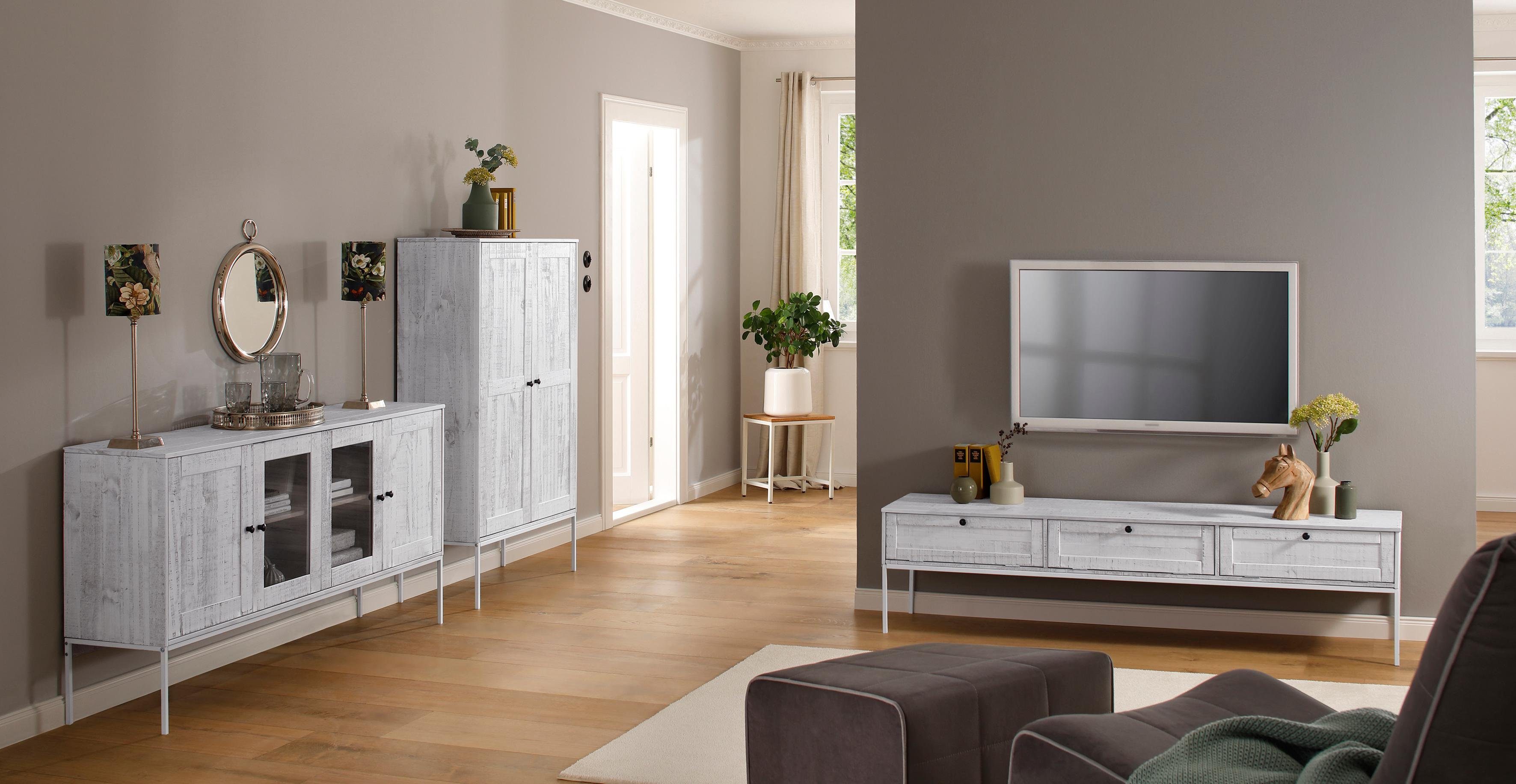 OTTO home Lowboard Freya, Kommode mit 3 Klappen, Metallgriffen, aus Massivholz, Breite 175 cm