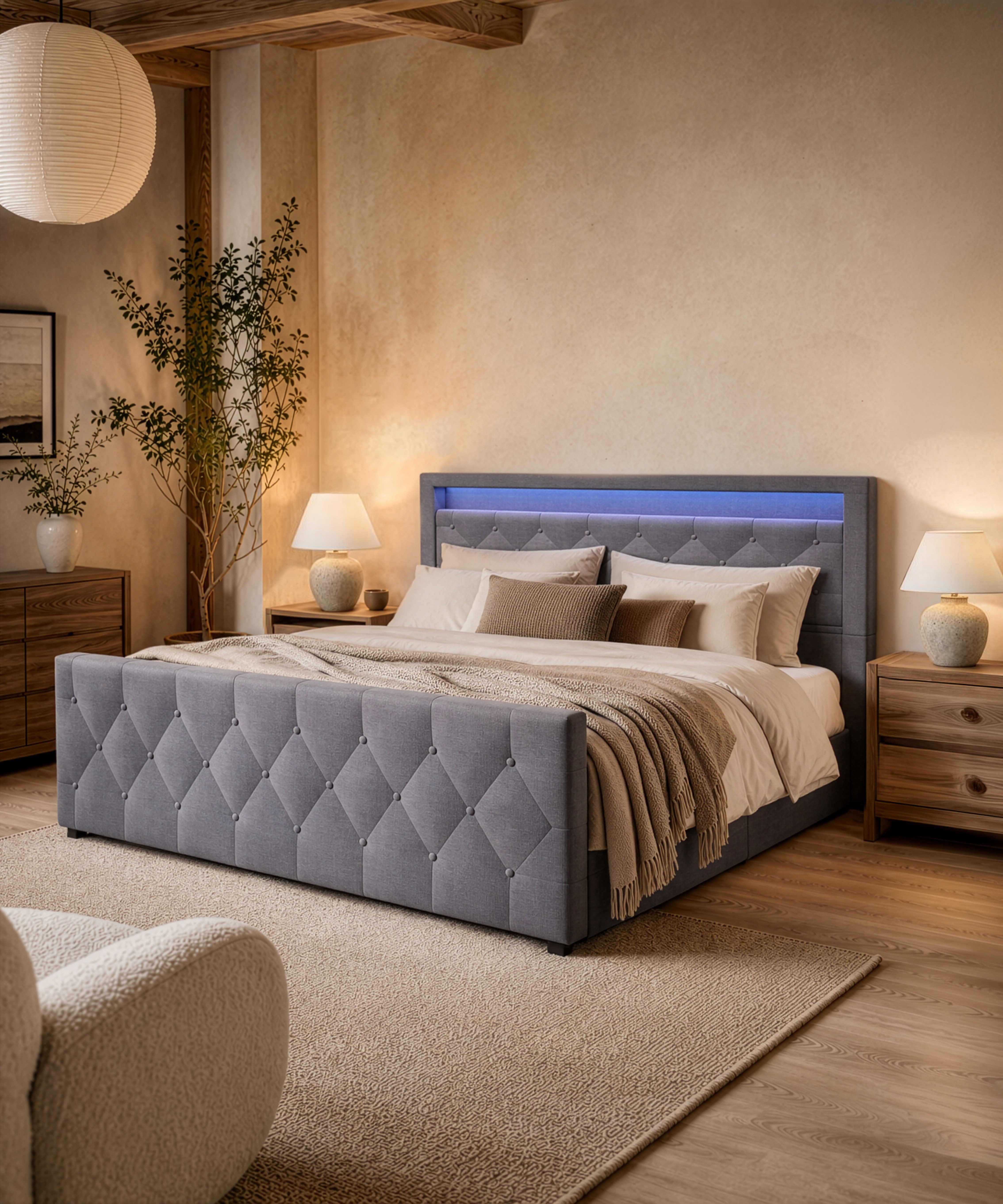 HOME DELUXE Polsterbett VELARA (inkl. Stauraum, Matratze & Lattenrost), mit LED - Beleuchtung