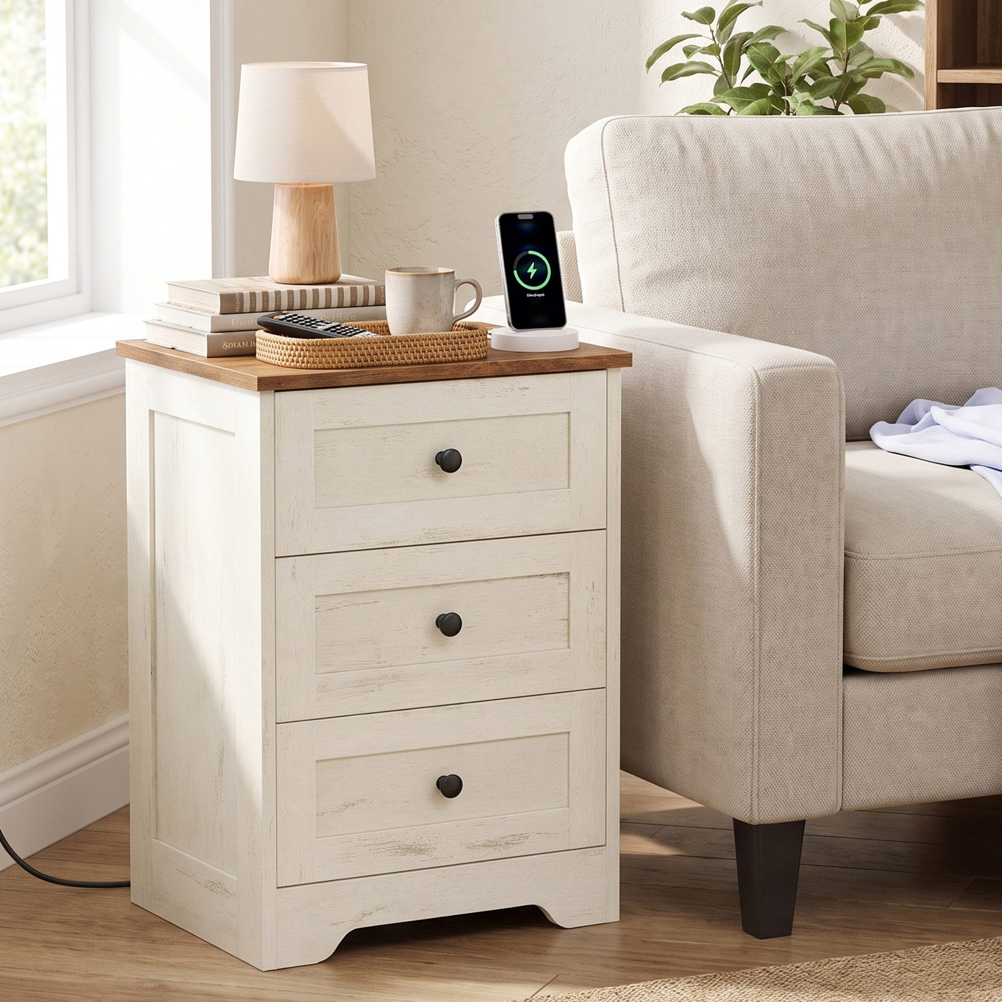 VASAGLE Nachttisch Beistelltisch aus Holzspanplatte, Landhausstil für Schlafzimmer, mit Steckdose, USB-Anschlüssen und Schublade, 40 x 30 x 59 cm