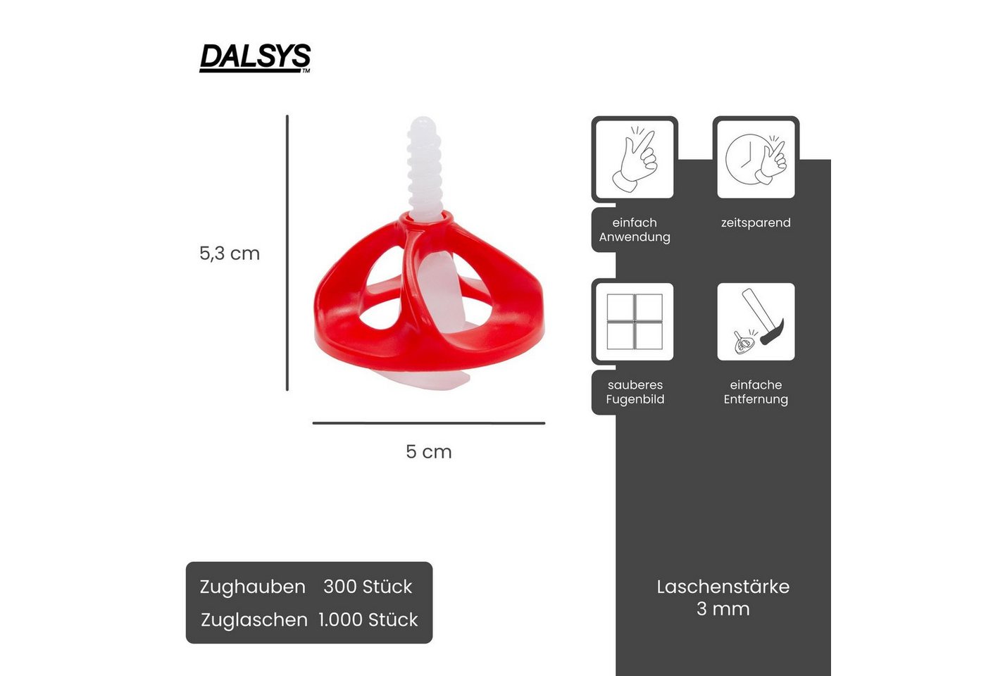 Thumbnail - Dalsys Nivelliersystem für Fliesen enthält (3mm) Set 1000 Laschen + 300 Hauben, 1300-St., Fliesenleger Werkzeug für präz...