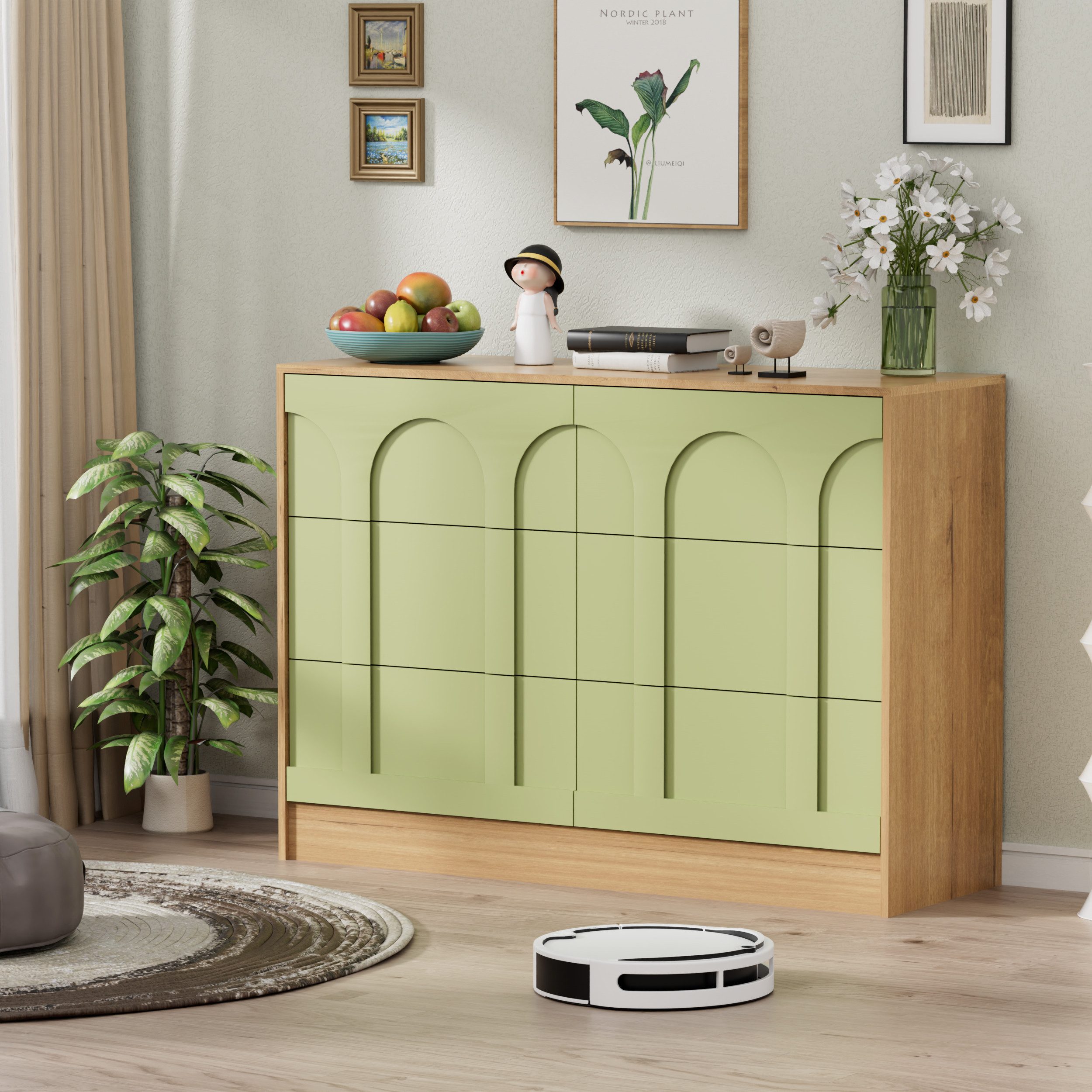 UEV Kommode mit 6 Schubladen, Highboard Schubladenschrank für Wohnzimmer (Highboard, Sideboard mit Schubladen, Schmal kommode, 100 x 34 x 72 cm Mehrzweckschrank), TV Board Schrank Aufbewahrungsschrank