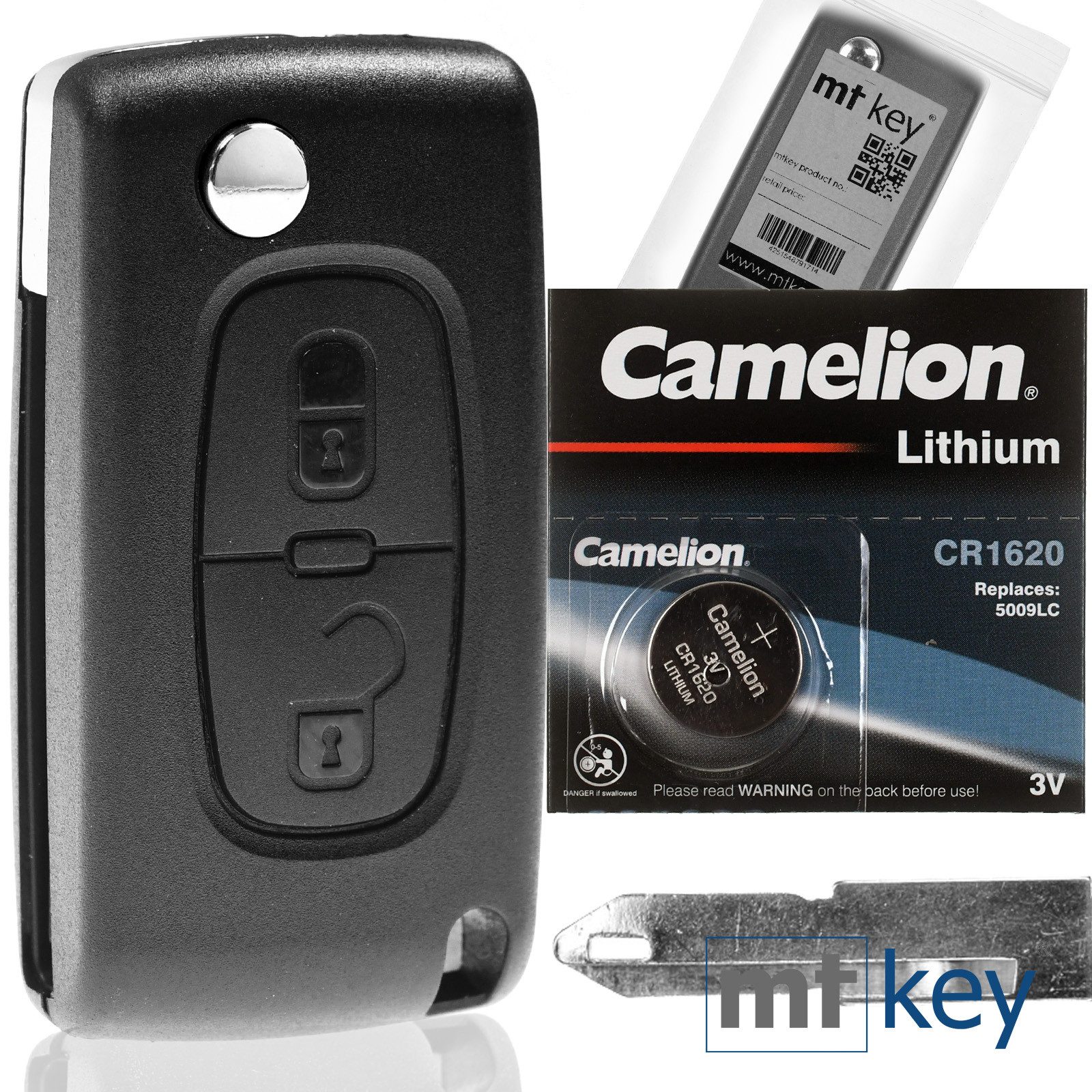 mt-key Klapp Schlüssel Reparatur Gehäuse 2 Tasten + NE73 Rohling + 1x CR1620 Knopfzelle, CR1620 (3 V), für Peugeot Citroen Partner 208 207 307 Funk Fernbedienung