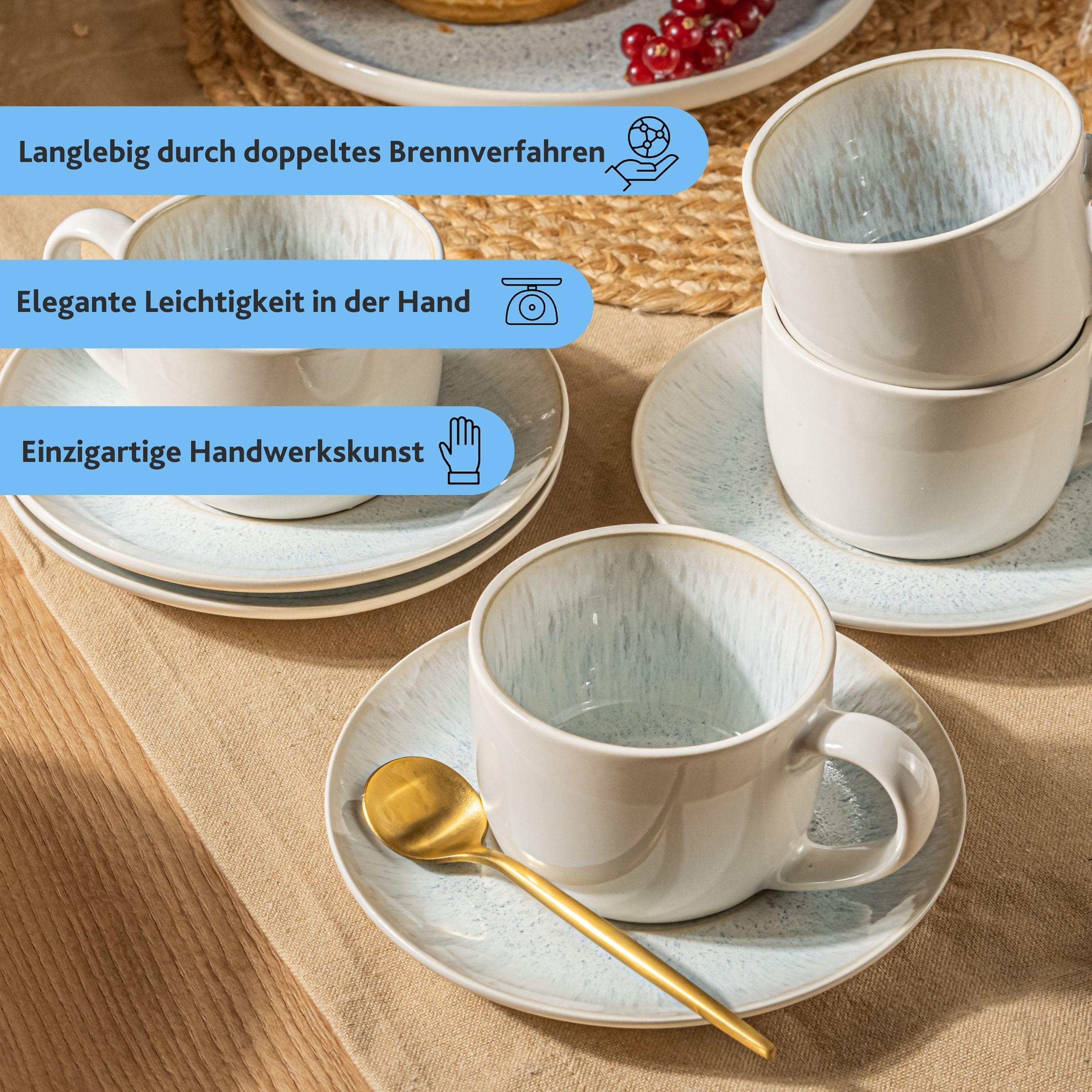Set Santorini Verlauf, Flieder Kaffeetassen Kaffeeservice (8-tlg), Steingut, 4 mit Cremefarben Handmade SÄNGER Blauem Personen,