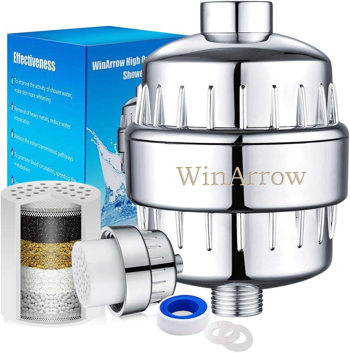 WinArrow Kalk- und Wasserfilter Hochleistungs Keine Verschmutzung Reduziert Chlor mit Austauschbarer, Zubehör für Standard-Duschköpfe, Universal-Duschanschlüsse, Filterpatrone Lassen Haar und Haut Gesünderes Enthält Teflonband WA550
