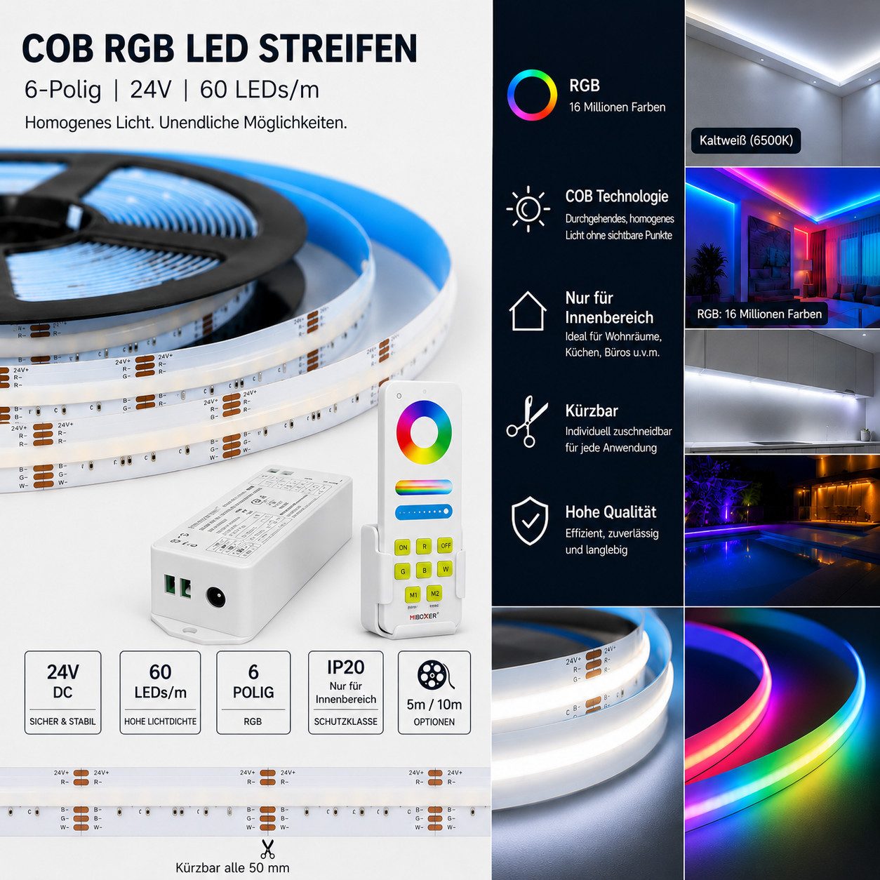 GTV LED Stripe 24V COB RGB LED Strip Punktfreie 12mm Farbwechsel dimmbar Innenbereich, COB-Lichtlinie alle 5 cm kürzbar Set inkl. Touch-Fernbedienung