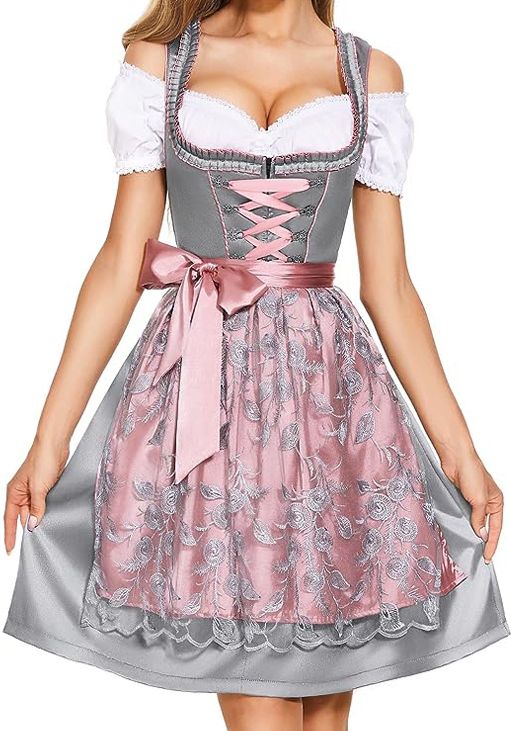 Damen mit Tüll Minikleid, Dirndl aus MAGICSHE Blumenstickerei Grau Schürze