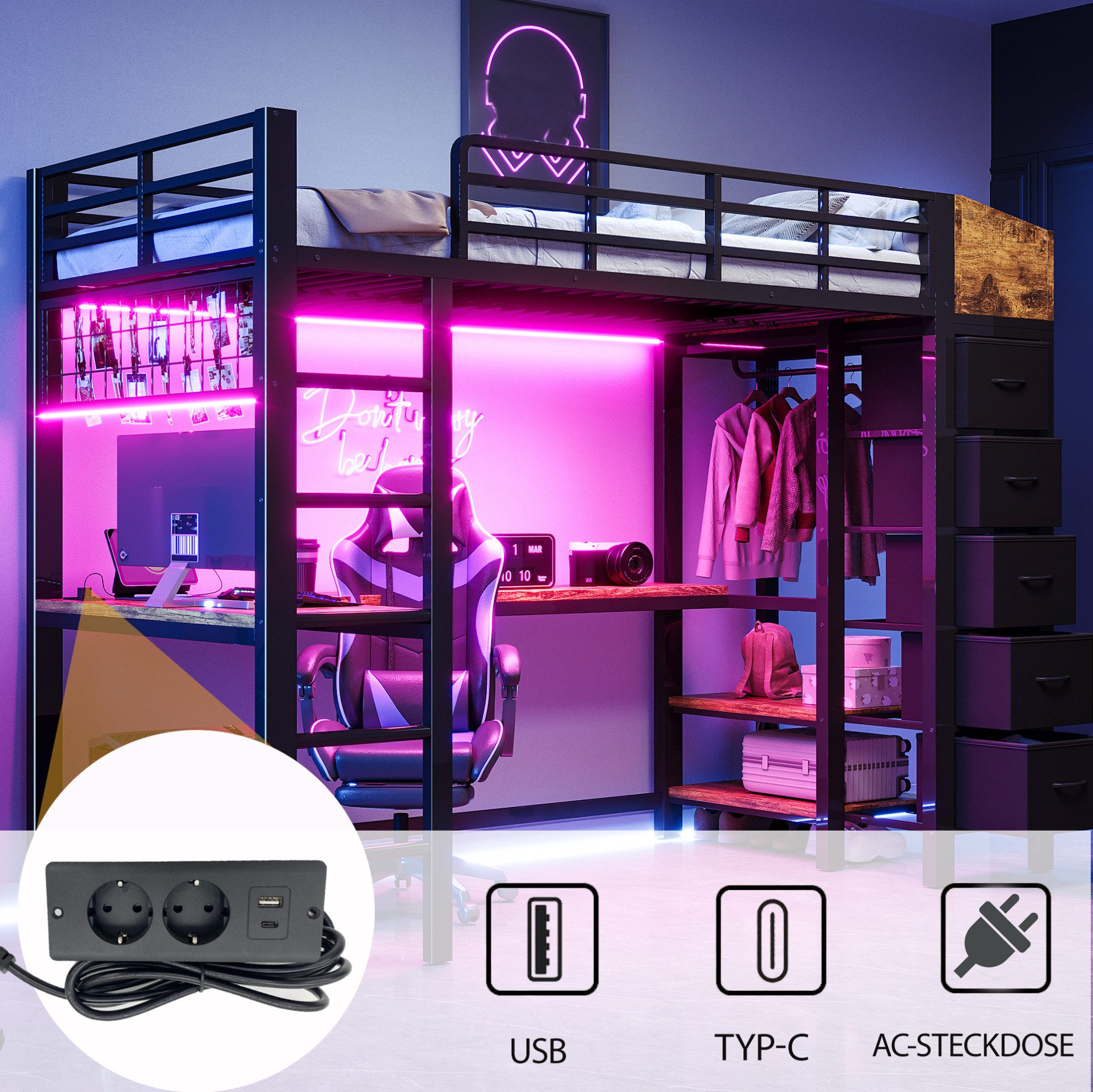 MODFU Hochbett Gaming Bett mit Schreibtisch, LED Lichtband, Metallbett Jugendbett (90x200 cm, mit USB Type-C Ladefunktion, Sicherheitsgitter und Aufbewahrungssystem) Eisenbett Kinderbett, ohne Matratze