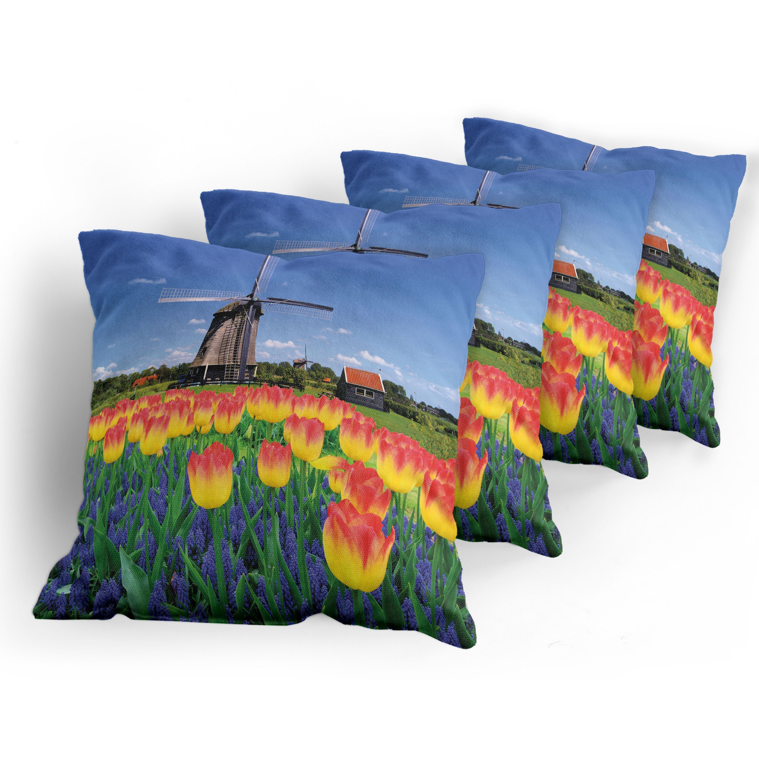Stück), Blume Windmill Digitaldruck, Doppelseitiger Tulip Abakuhaus (4 Blooming Modern Kissenbezüge Accent