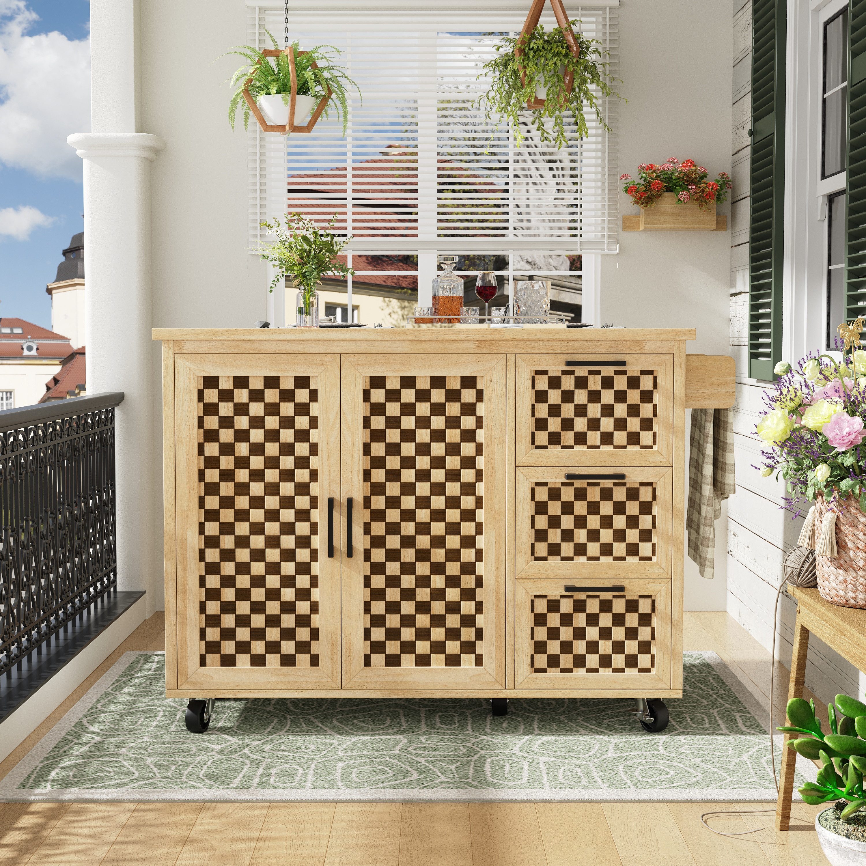 i@home Кухниinsel Schrank, Buffetschrank 120 x 45 (75) x 92 cm,Schachbrettmuster, Klappbar mit Rollen, Handtuchhalter, Кухниwagen mit Schachbrettmuster