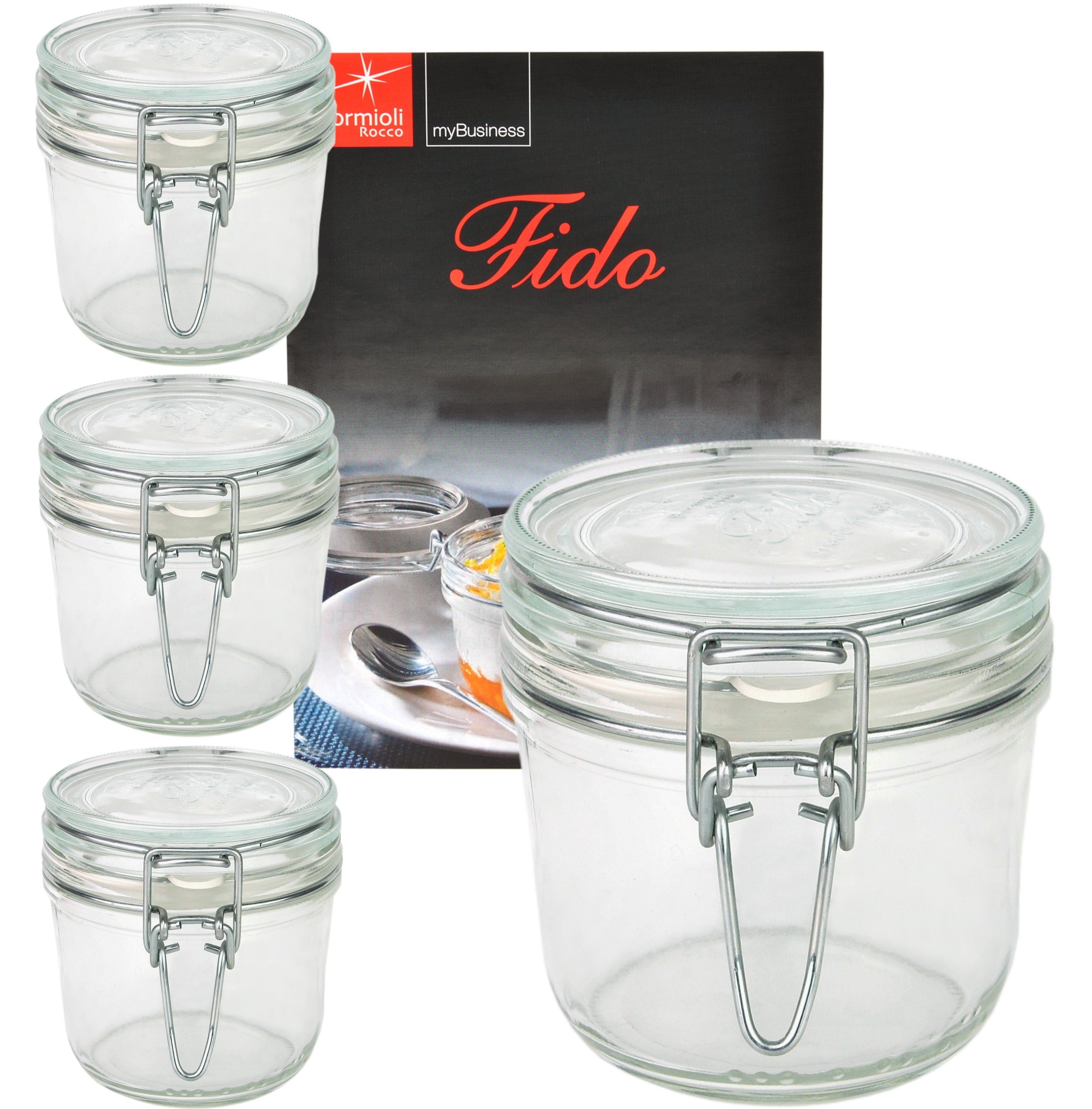 0,35L Glas Einmachglas inc Set Fido Original 4er Bormioli Rezeptheft, Rocco Bügelverschluss Vorratsglas